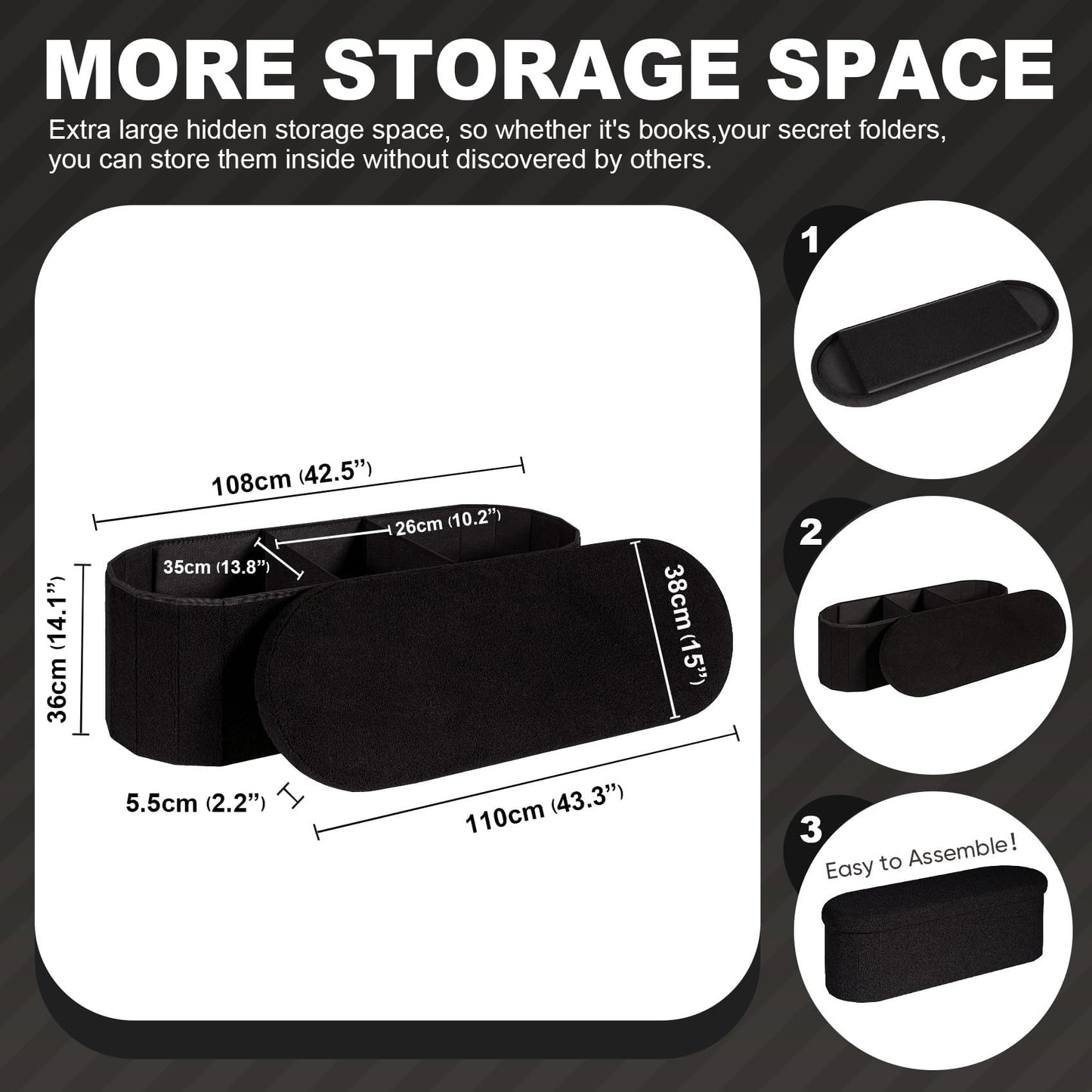 PINPLUS Foldable Oval Ottoman Storage Bench, Black, 110x38x38 cm