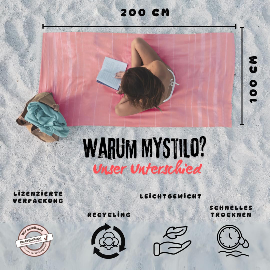 MyStilo 100% Recycled Cotton Hammam Towel - Sustainable and Natural - Sauna Towel, Beach Towel, Shower Towel, Bath Towel, Yoga Towel - Petrol