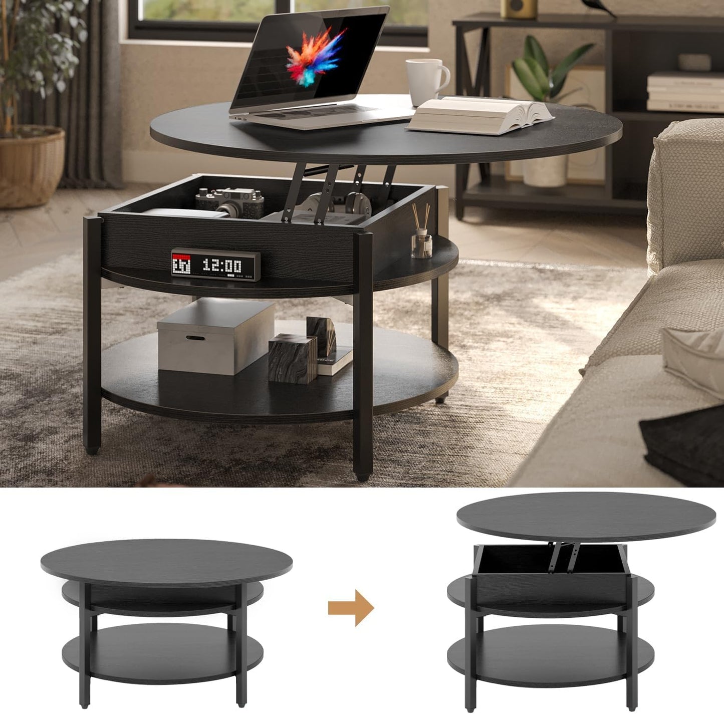 Mossora 68cm Black Round Lift Top Coffee Table with Hidden Storage