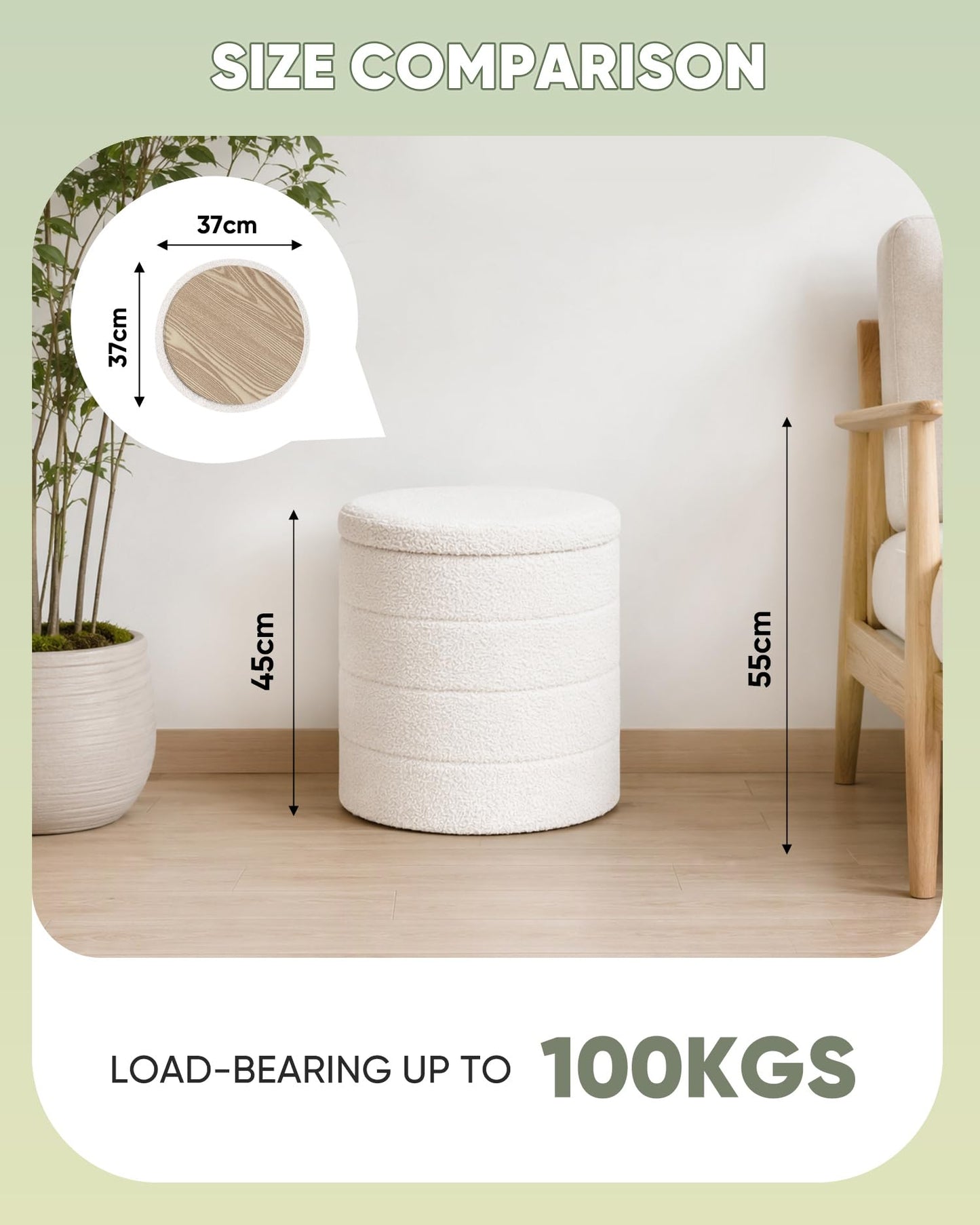 Bonlife Boucle Ottoman Storage, Foot Rest Stool Seat, Folding Footstool for Living Room, Sherpa Ottoman for Bedroom, Cream, 37x37x45 cm