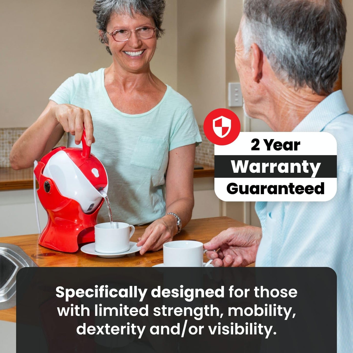Uccello Electric Safety Kettle | Red Tipper Base Included | Effortless Pour Every Time | Daily Living Drinking Aid For Disabled and Seniors | 1.5