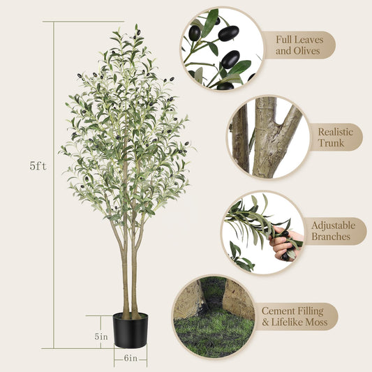 Alupssuc 5FT Artificial Olive Tree with Lifelike Leaves, Indoor Outdoor Faux Olive Tree for Home, Living Room, Bedroom, Balcony, Corner, Office,