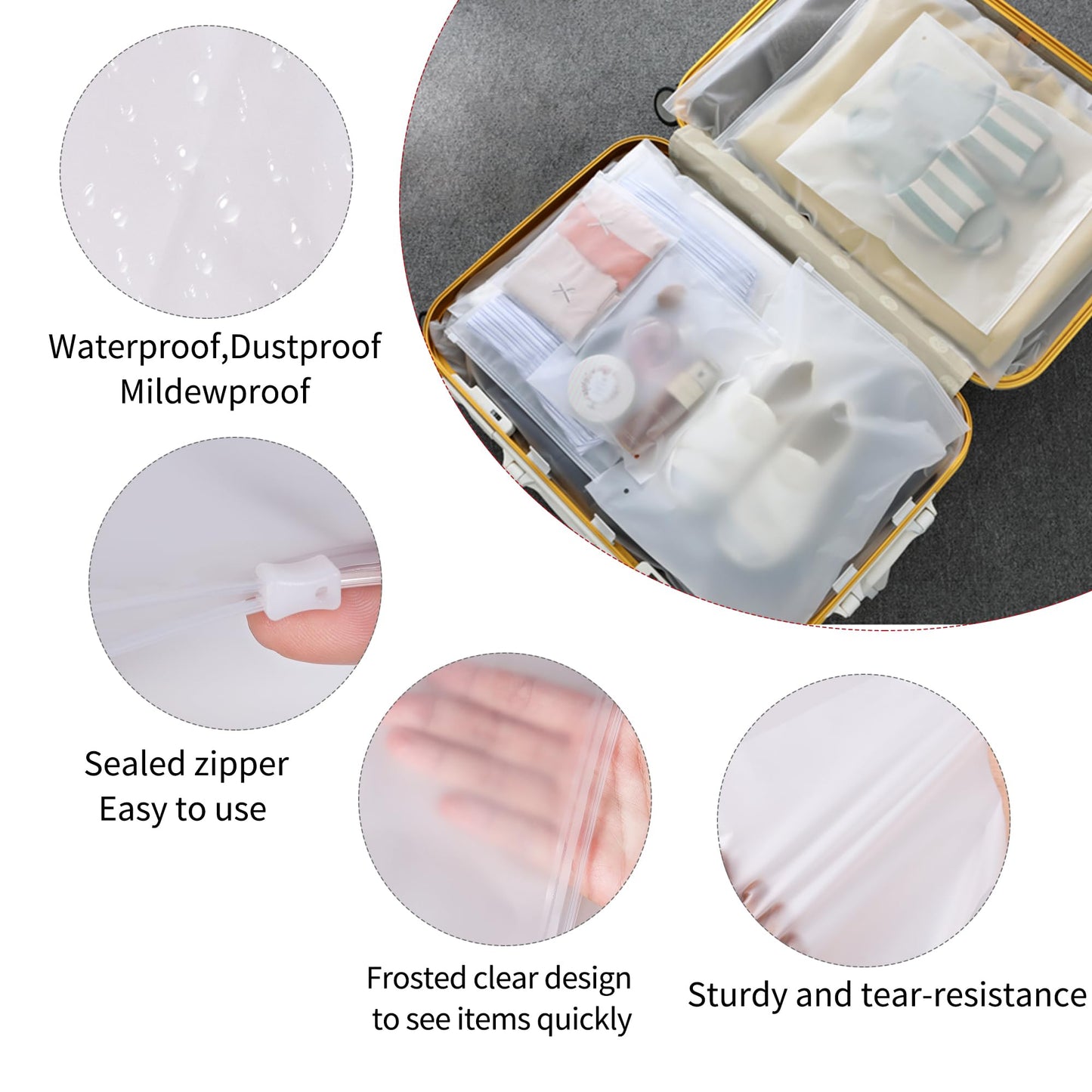 24 Pcs Reusable Ziplock Bags,Travel Clothes Storage Bags,Plastic Hospital Bag Organiser Pouches,Essentials Frosted Resealable Waterproof Luggage Bags