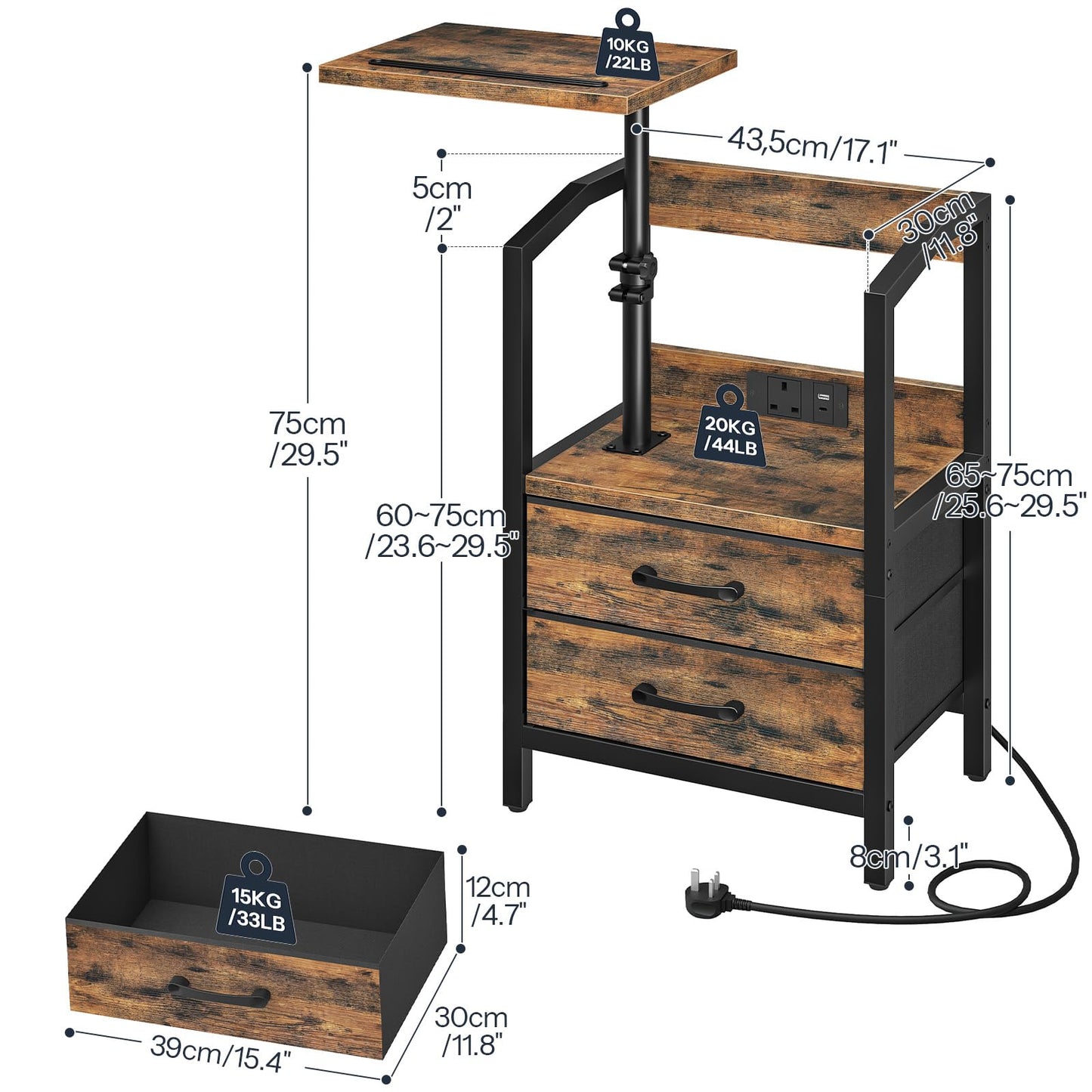 HOOBRO Bedside Table with Charging Station, Swivel Lift Top Nightstand, Height Adjustable, Side Table with 2 Drawers and Tablet Slot