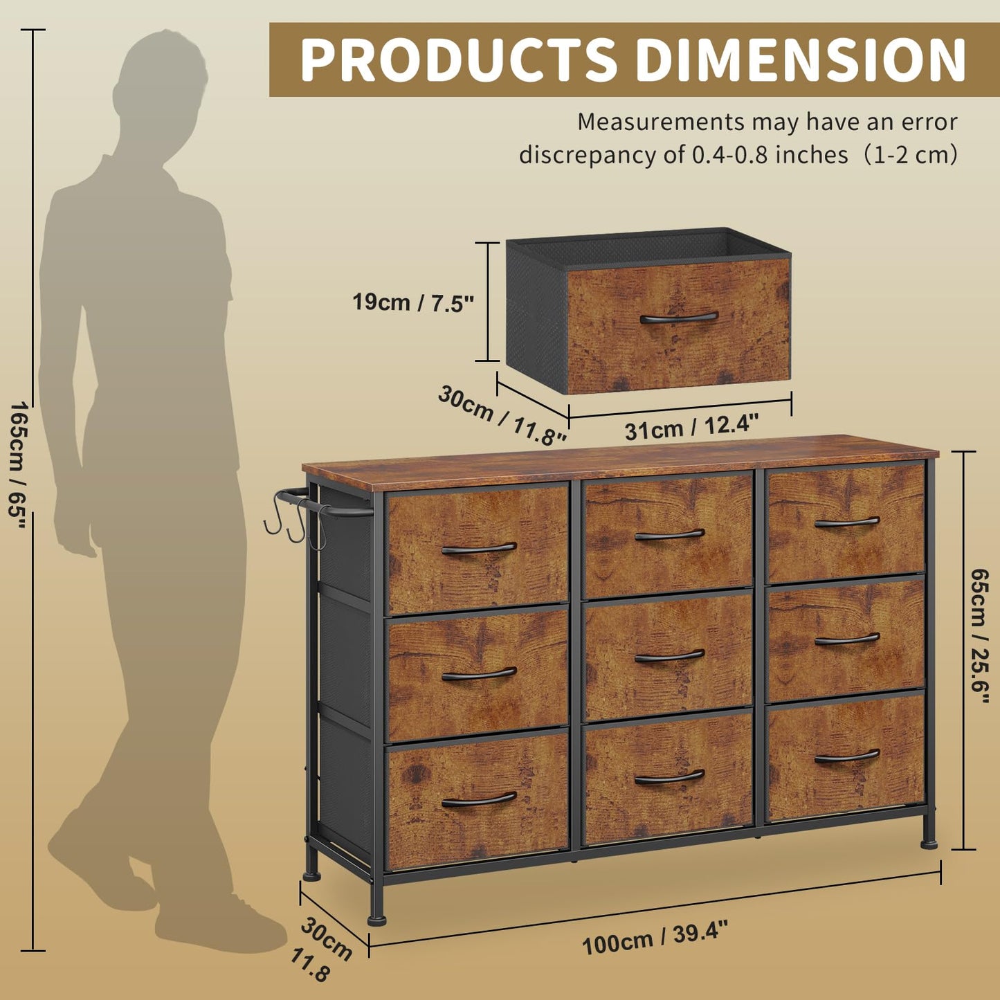 Chest of Drawers 9-Drawer Storage Unit Bedroom Rustic Brown(100x30x65cm)