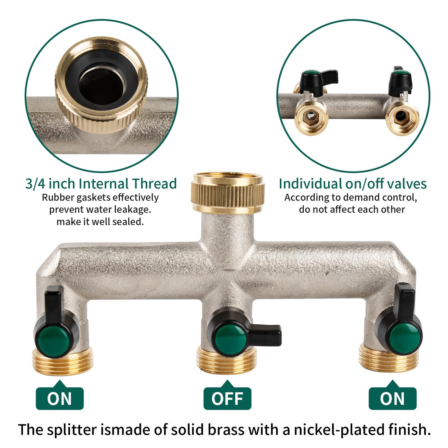 Tesmotor 4 Way Brass Tap Splitter, 3/4 Inch 4 Way Hose Tap Splitter with 4 Individual Valves for Garden Kitchen Faucet