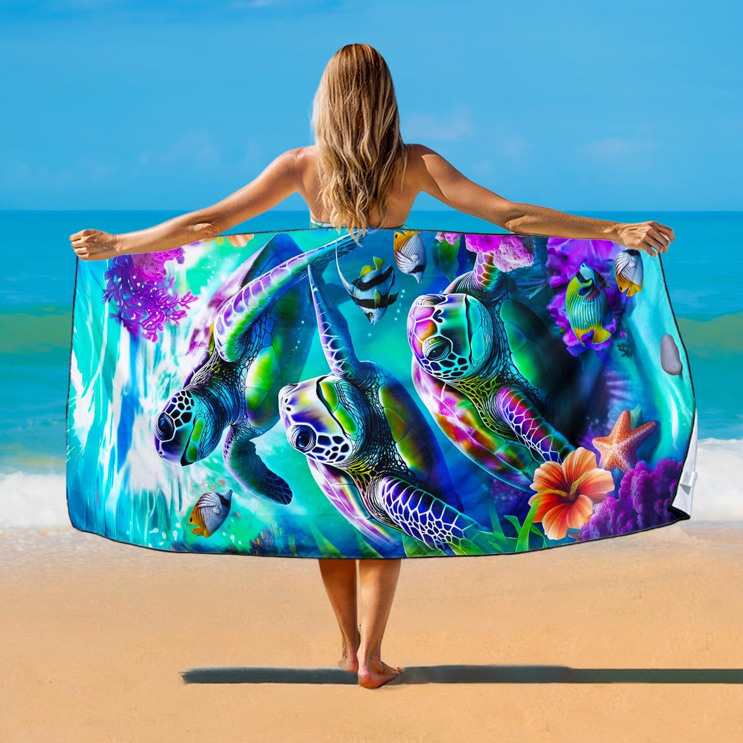 Violetpos Coral Reef Sea Turtle Group Beach Towel, Extra Large 180x90 cm 250GSM Microfibre, Sand Free Quick Dry