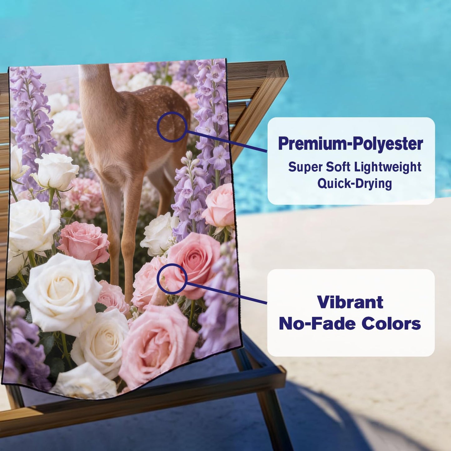 Violetpos Deer in Roses & Larkspur Beach Towel, Extra Large 180x90 cm 250GSM Microfibre, Sand Free Quick Dry