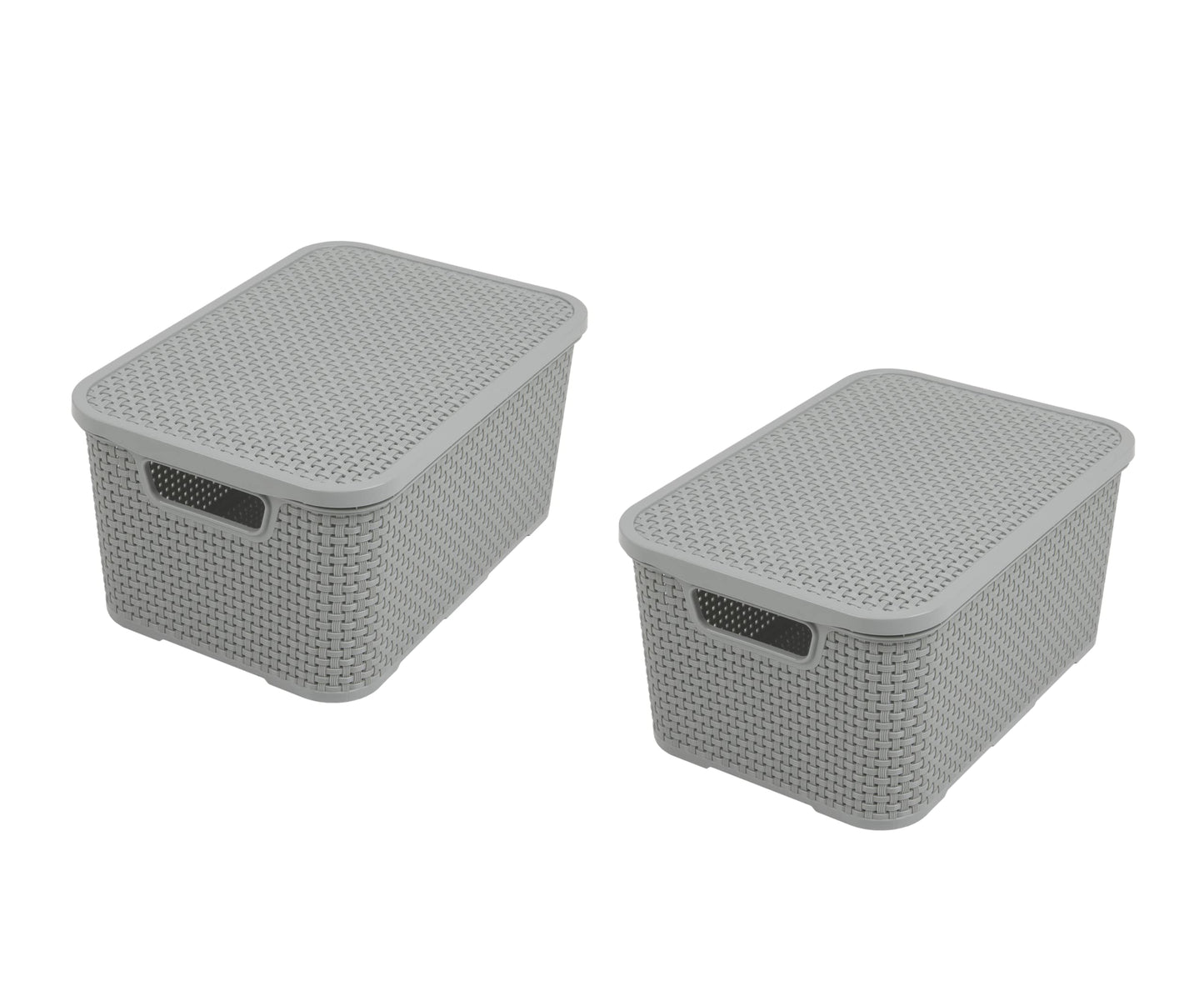 BranQ - Home essential Set of 2 baskets with lid in rattan design, size S 7 L, BPA free, PP plastic, light gray, 28.5 x 19.5 x 12.9 cm, 2 pieces, S