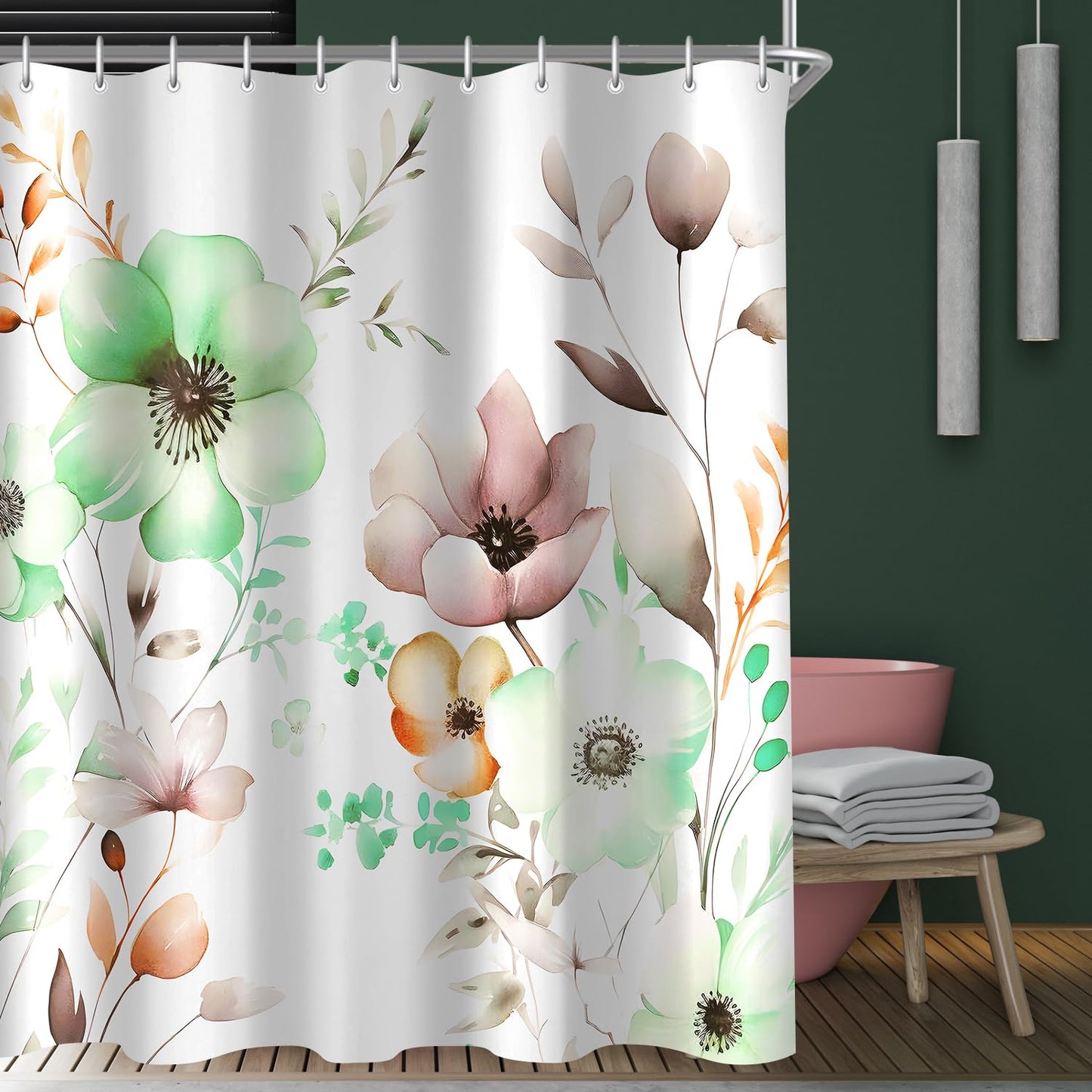 Lerores Shower Curtain 200 x 200 cm, Flowers Drawing, Anti-Mould Textile, Weighted Hem, Water-Repellent
