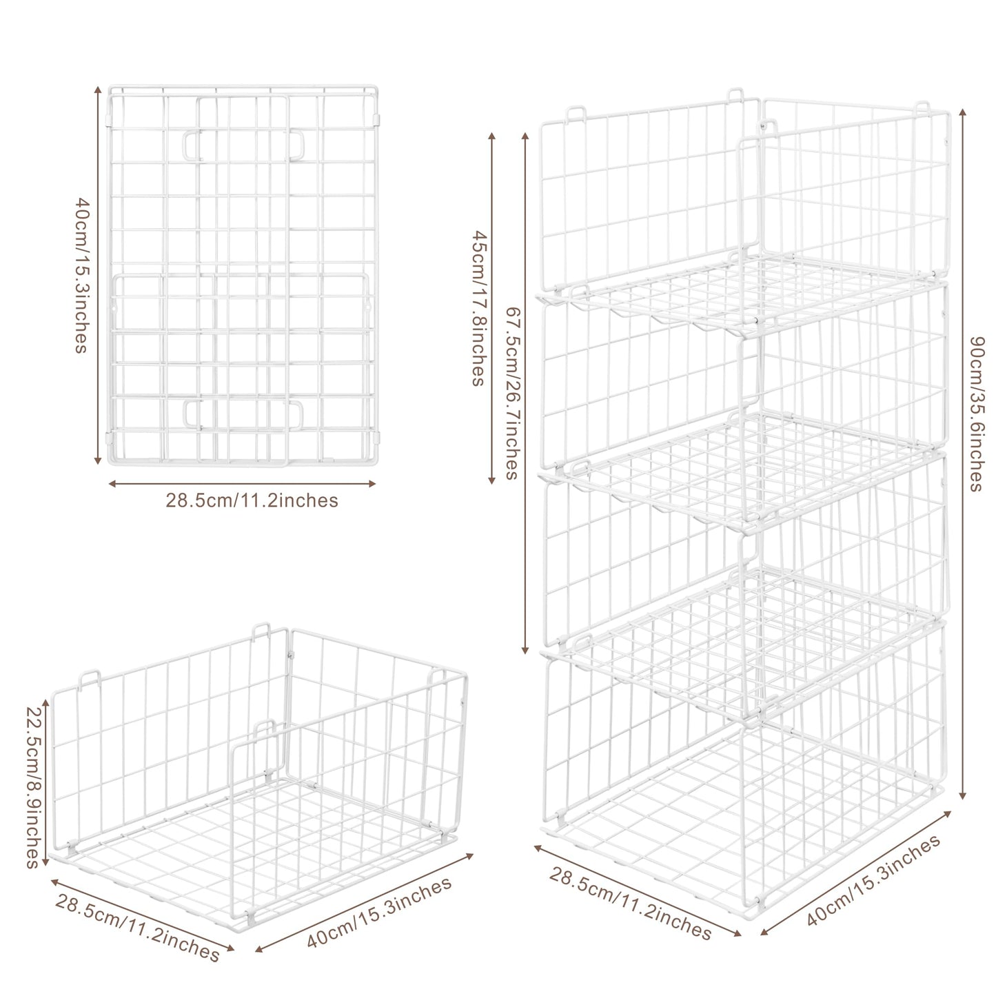 QIWODE Stackable Wardrobe Storage Organiser, Set of 4 Metal Wire Clothes Storage Baskets, Closet Organiser & Shelf Baskets for Bedroom, Pantry