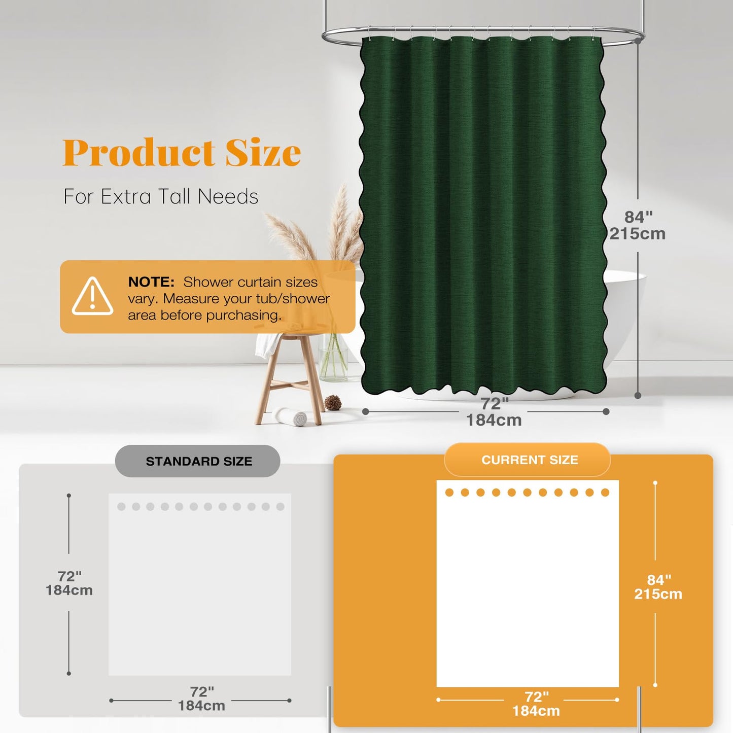 BTTN Extra Long Boho Scalloped Shower Curtain, 184x215cm, Emerald Green