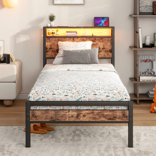 BORPHOM Single Bed Frame with Storage Wood Headboard Shelf,LED Lights,3ft Metal Bed Frame Single Bed with Charging Station,No Box Spring Needed,Strong