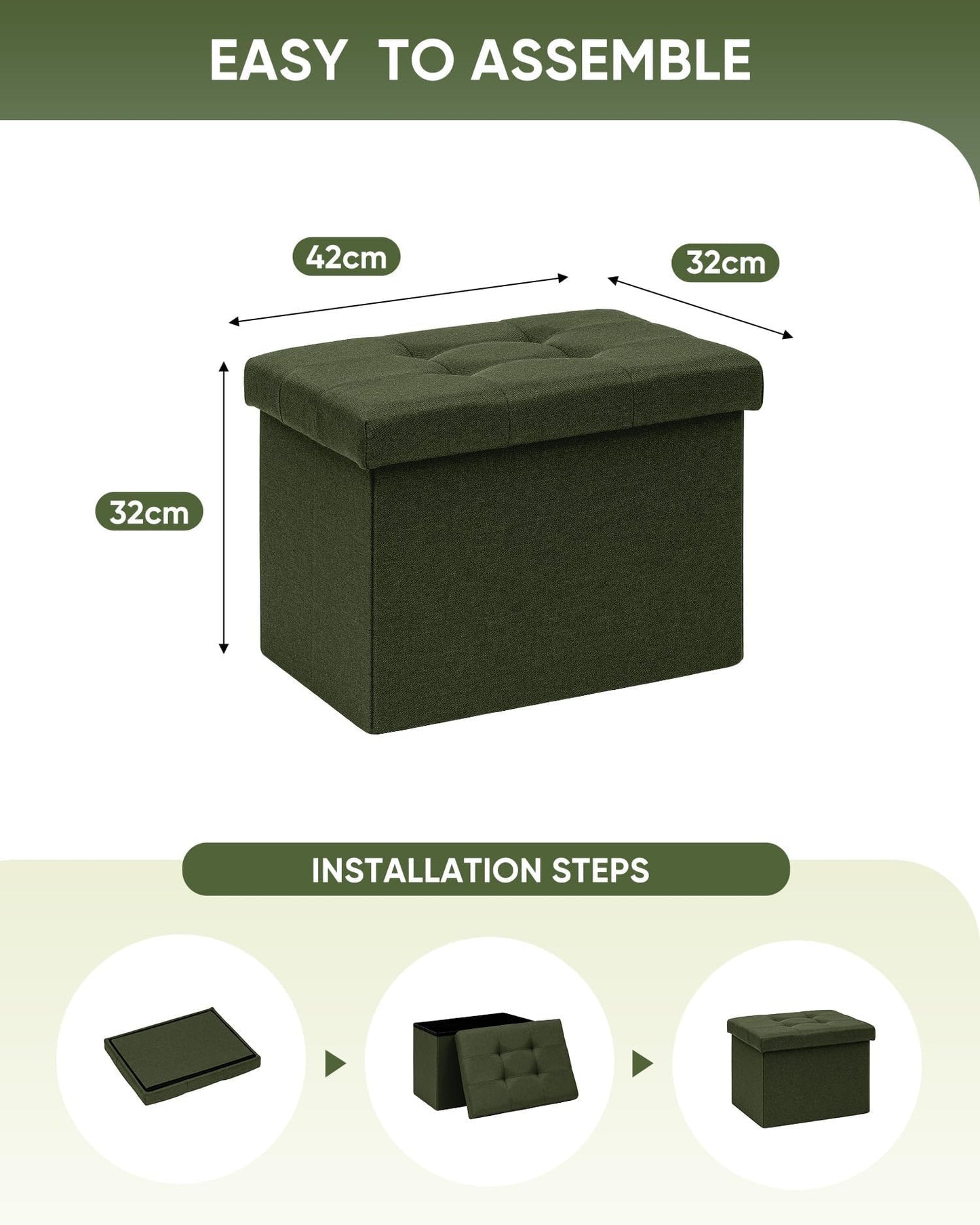 Bonlife Storage Ottoman, Folding Small Foot Rest,Toy Chest Storage Footrest Seat, Footstool for Living Room, Bedroom, Dorm, Linen,Olive,42x32x32cm