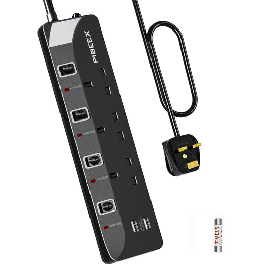 5M Extension Lead With USB, 13A 3250W 3 Way Power Strip with 2 USB Multi Power Plug Extension 5 Meters Long Extension Cord Black Power Strip for Home