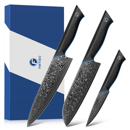 FINTISO 3-Piece Damascus Kitchen Knife Set, Chef Knife Sets Forged of 67-Layer Japanese Damascus Steel, Japanese Knives Set with Full Tang G10 Handle,