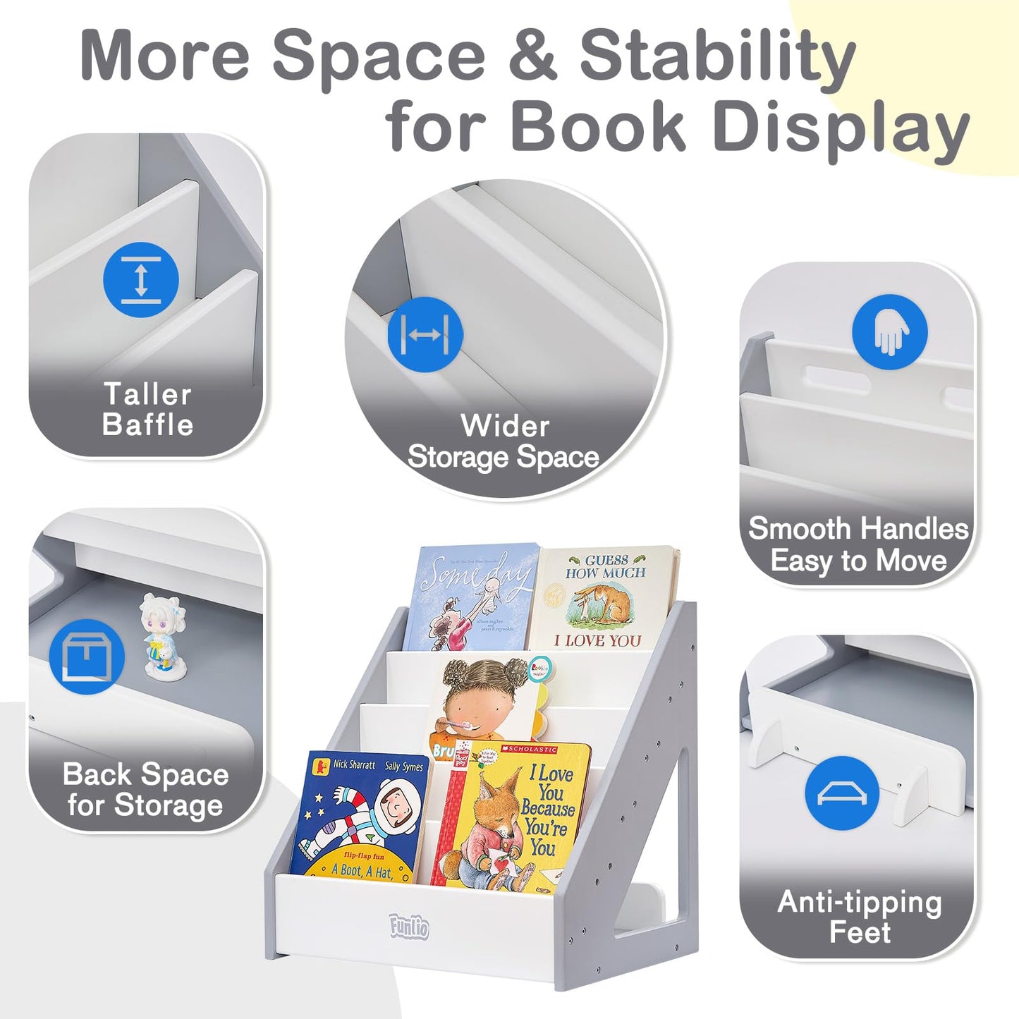 FUNLIO Montessori Bookshelf for Toddlers 1-5 Years, Front-Facing Kids Bookshelf with Handle & Anti-Tilting Device, Premium Pine Baby Bookshelf