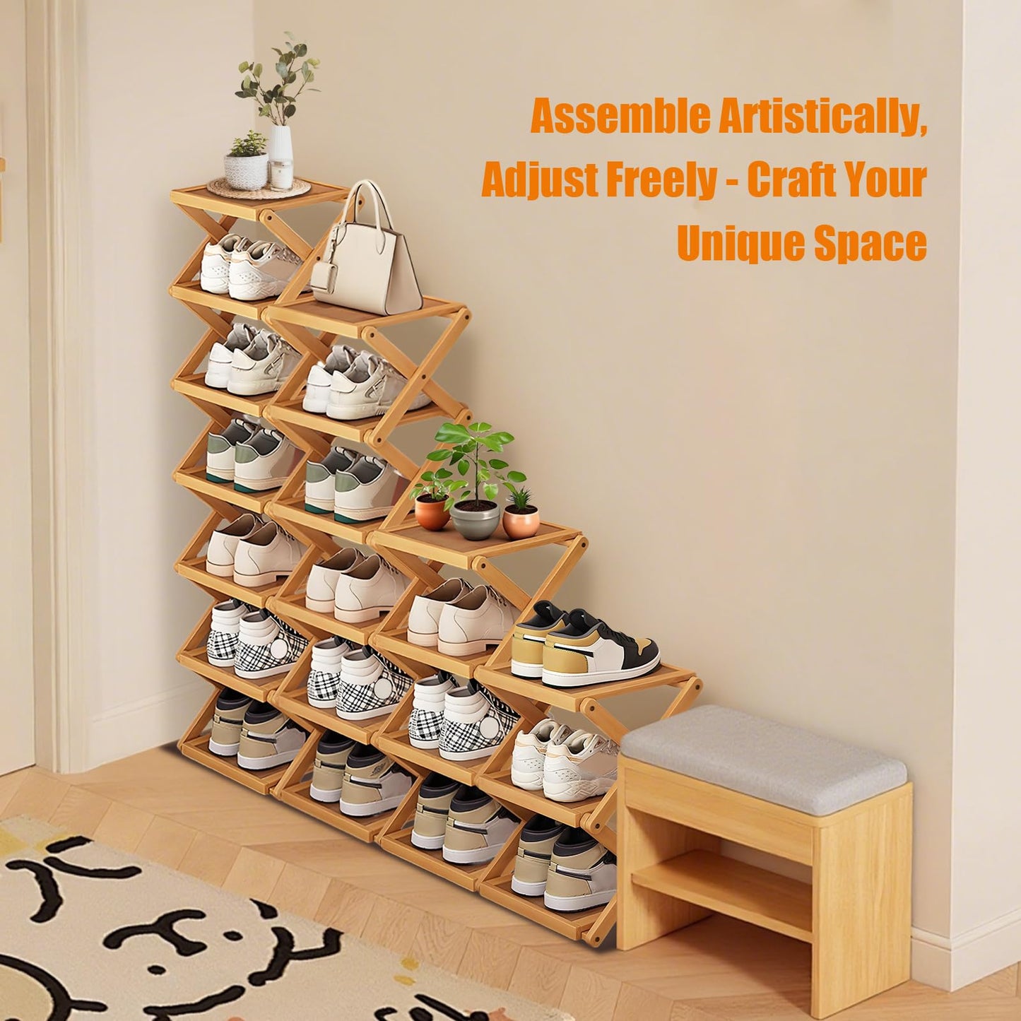 YYW Shoe Rack, Foldable Shoes Organizer Free Standing Shelf for Entryway, Closet, Hallway, Foldable X Shape Multi Tier Shoe Rack (Wood Color,6 Layers)