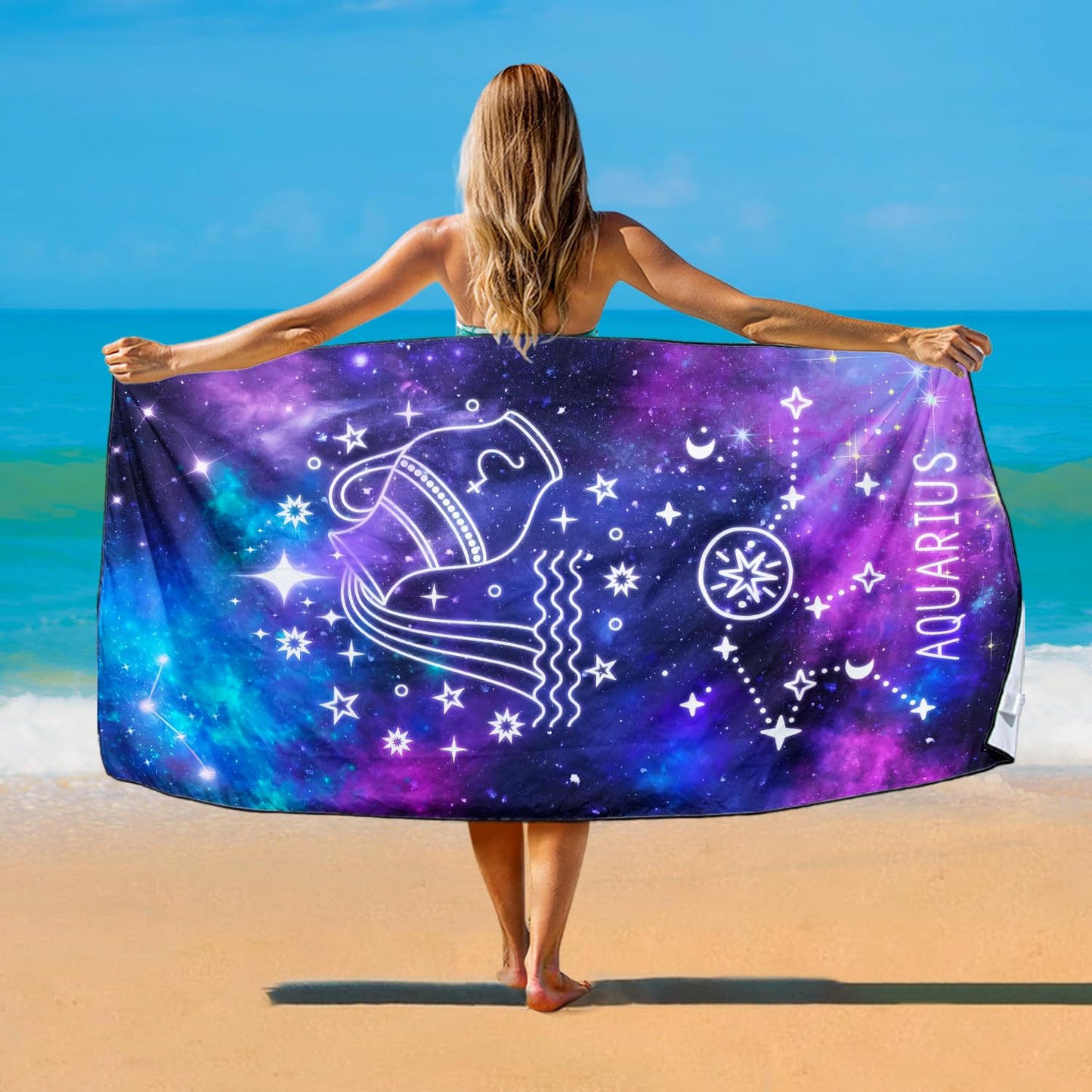 Violetpos Aquarius Zodiac Sign Beach Towel for Astrology Fans, Extra Large 180x90 cm 250GSM Microfibre, Sand Free Quick Dry