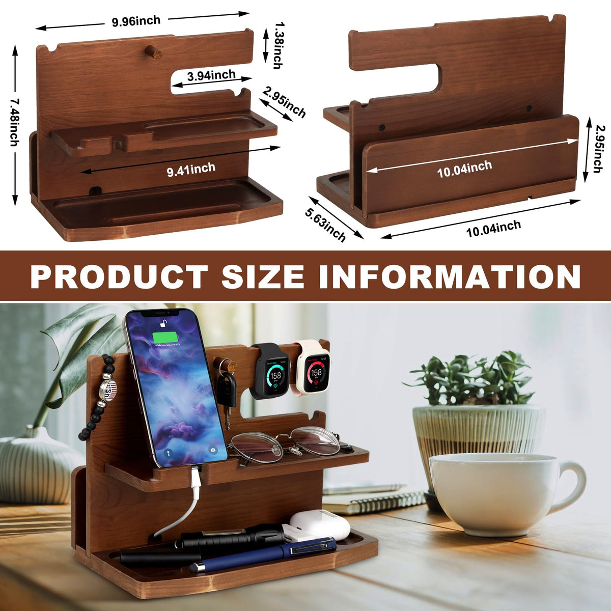 AliveByte Wooden Phone Docking Station for Men - Bedside Table Organiser - Brown Wood - Compatible with All Mobile Phones - Desk Accessories for Men