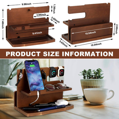 AliveByte Wooden Phone Docking Station for Men - Bedside Table Organiser - Brown Wood - Compatible with All Mobile Phones - Desk Accessories for Men