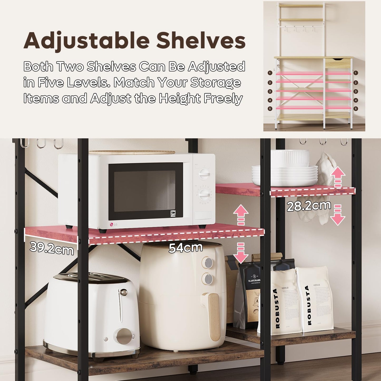 Bestier Microwave Oven Rack, 90cm Large Microwave Oven Kitchen Rack with 2 Height-Adjustable and Removable Shelves, High Load-Bearing Design, Drawers
