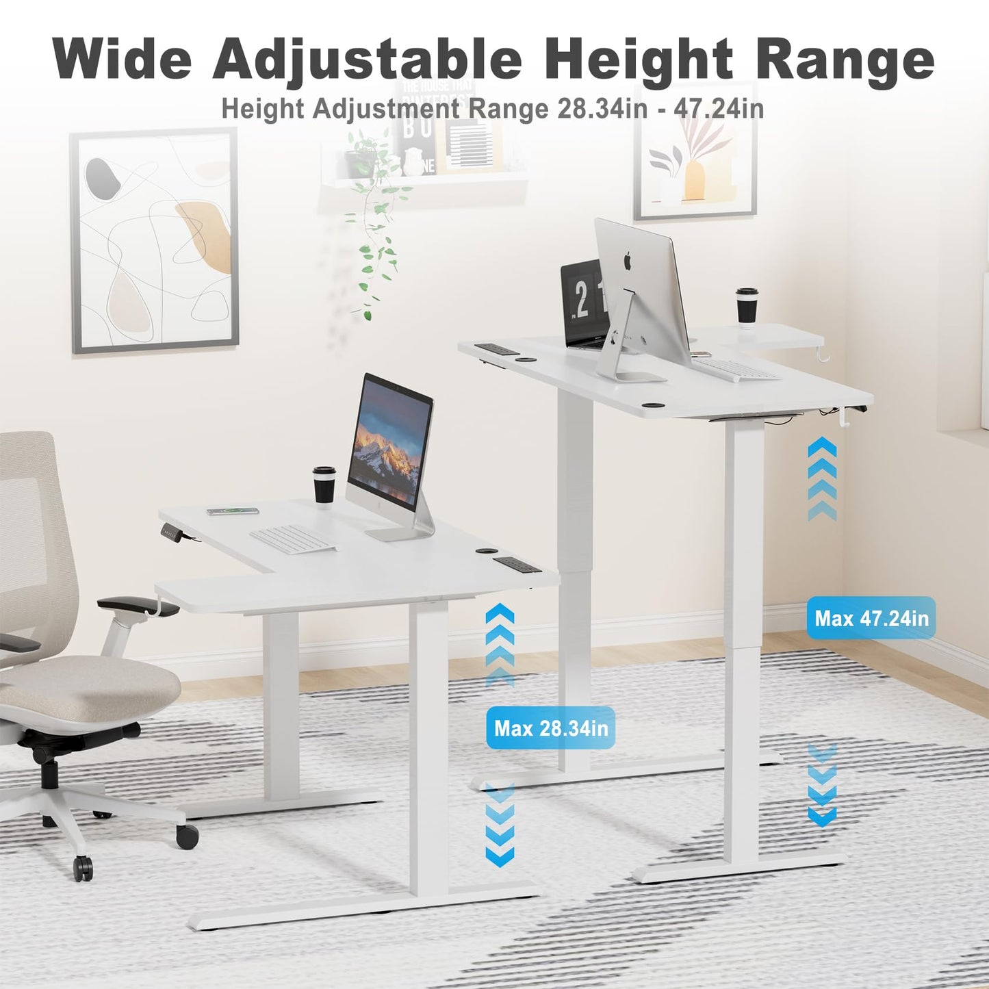 COWISH Electric Standing Desk 120x60cm Sit Stand Table Height Adjustable L Shaped Standing Desk with Built-in Power Outlet & Memory Smart Panel, White