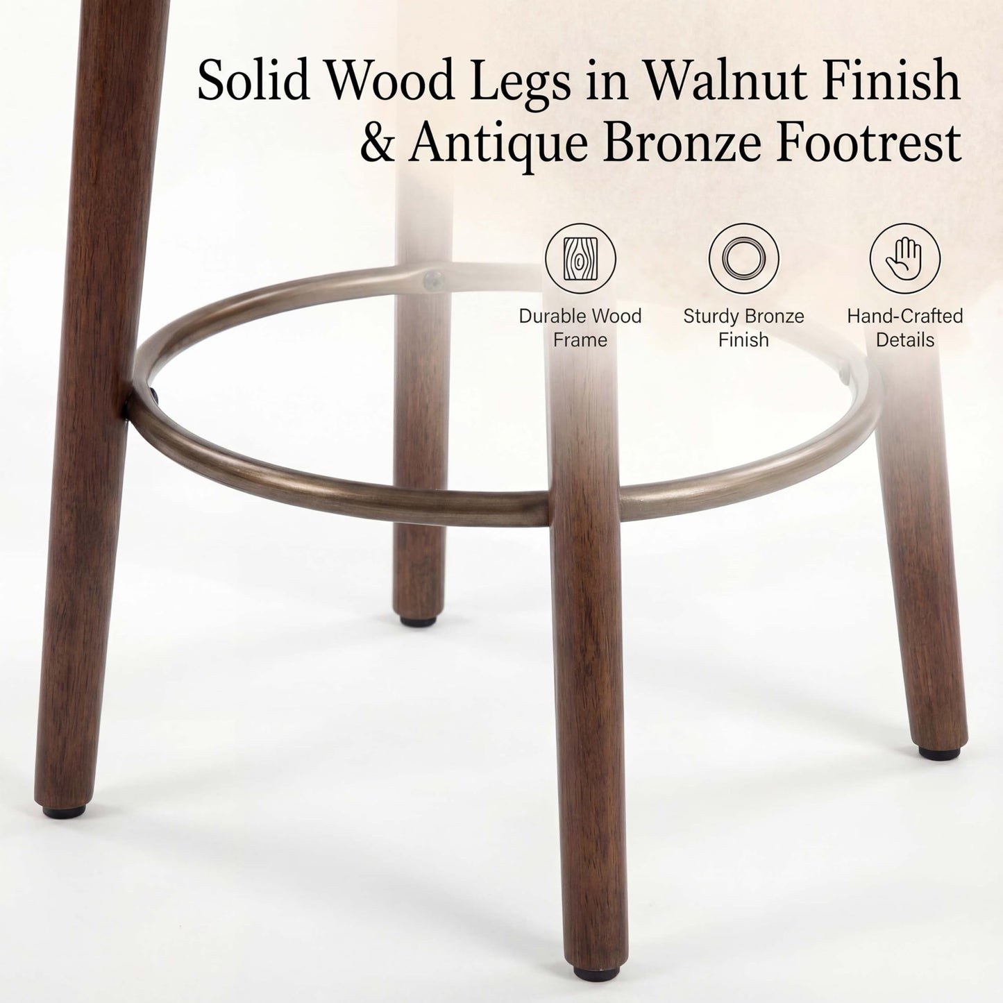younturn Set of 2 Linen Bar Stools, 68cm Counter Height Upholstered Kitchen Bar Chairs with Solid Wood Legs