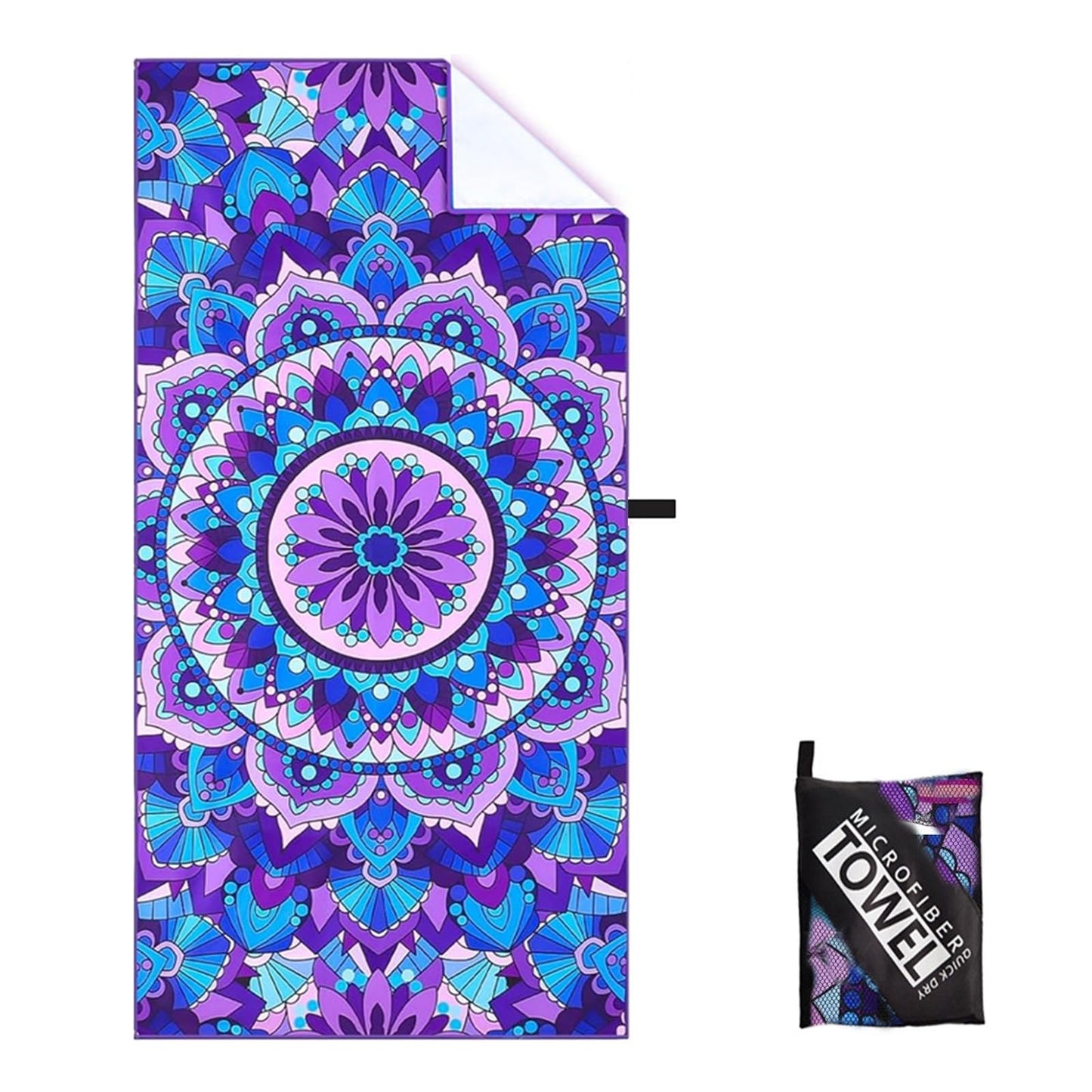 Large Microfibre Mandala Flower Sand Free Towel - 160x90cm, Lightweight Quick Dry, Compact and Thin Sports Travel Swim Towel with Bag