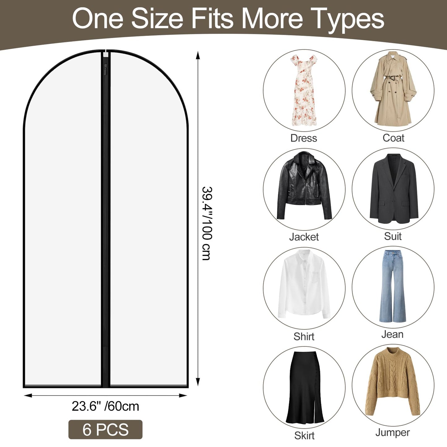 Pwsap 40in Garment Bags 6 Pack Clothing Covers Translucent Suit Bag