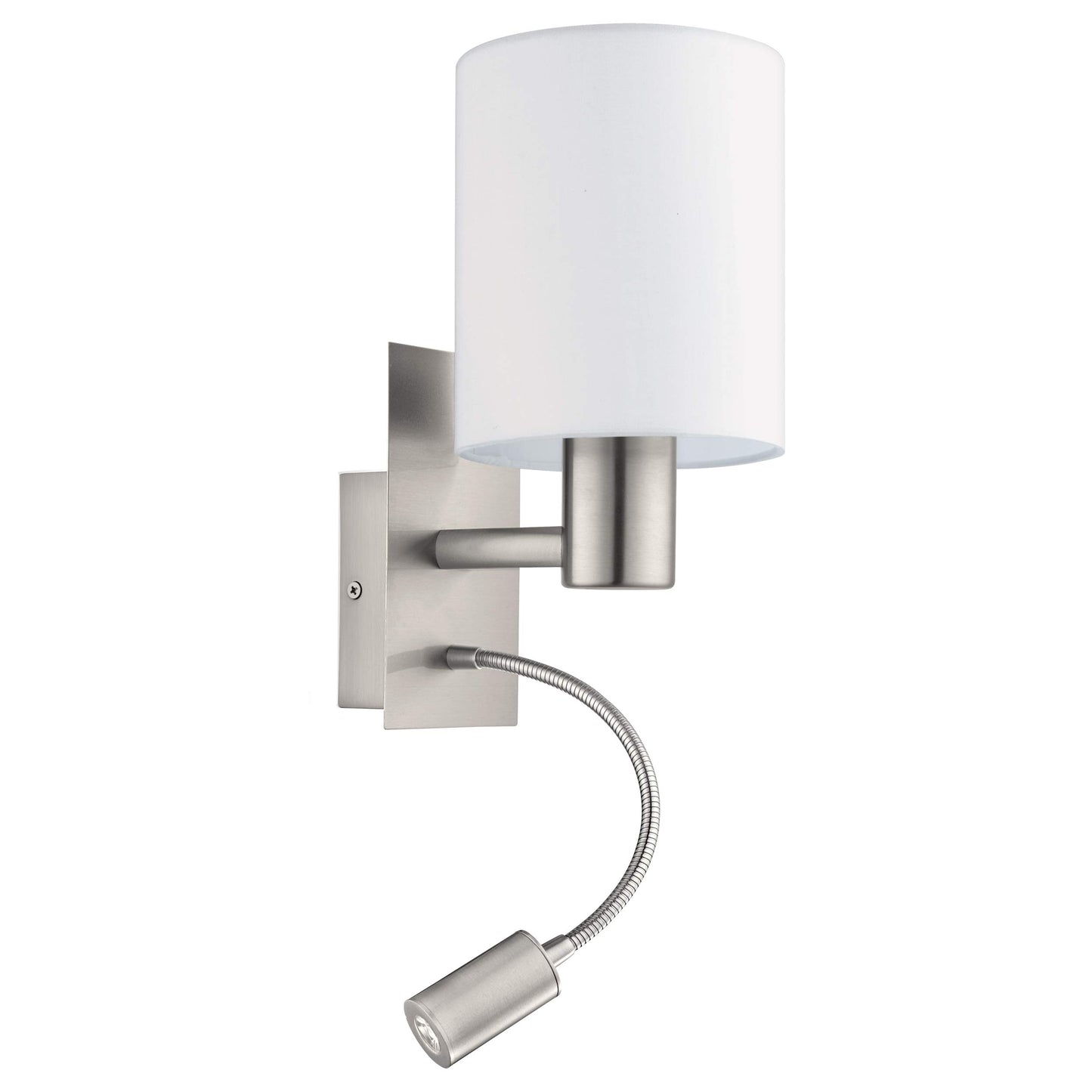 Eglo Pasteri LED Wall Light, Nickel Matt Steel and White Fabric Wall Lamp, E27 Socket, incl. Switch and Flexible Reading Lighting