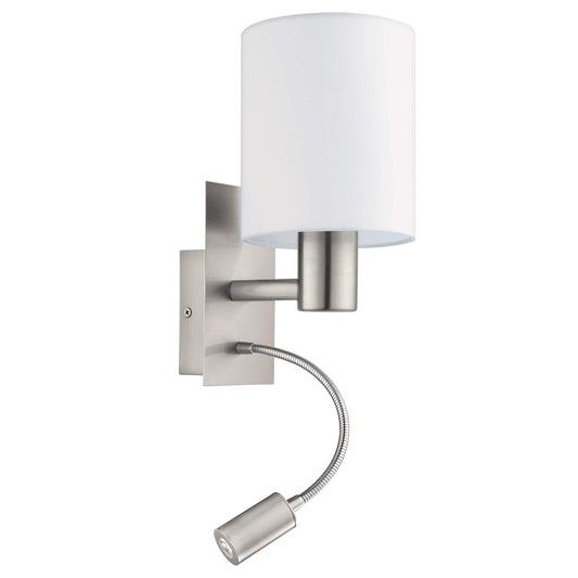 Eglo Pasteri LED Wall Light, Nickel Matt Steel and White Fabric Wall Lamp, E27 Socket, incl. Switch and Flexible Reading Lighting