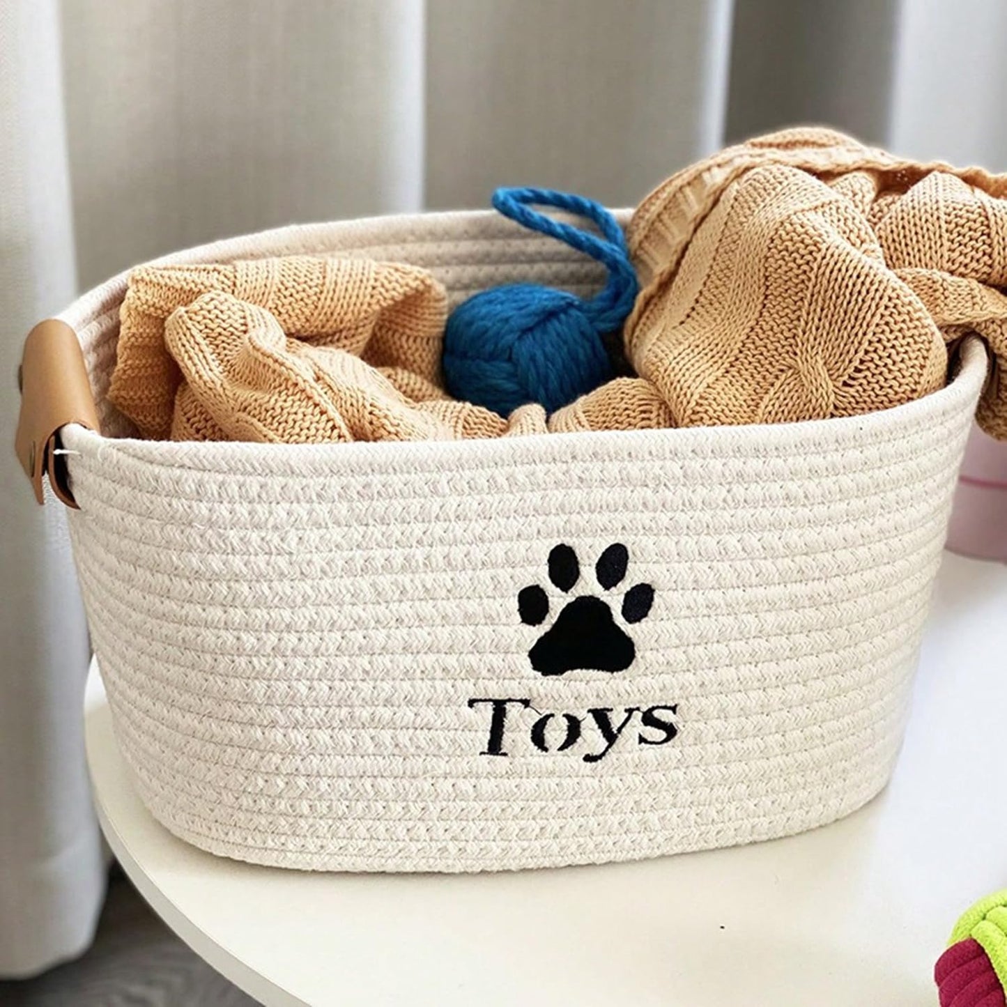 bangminda Dog Toy Storage Bin Cotton Rope Organizer Box with Handle Puppy Toys Basket for Organizing Blankets Leashes Coat and Stuff