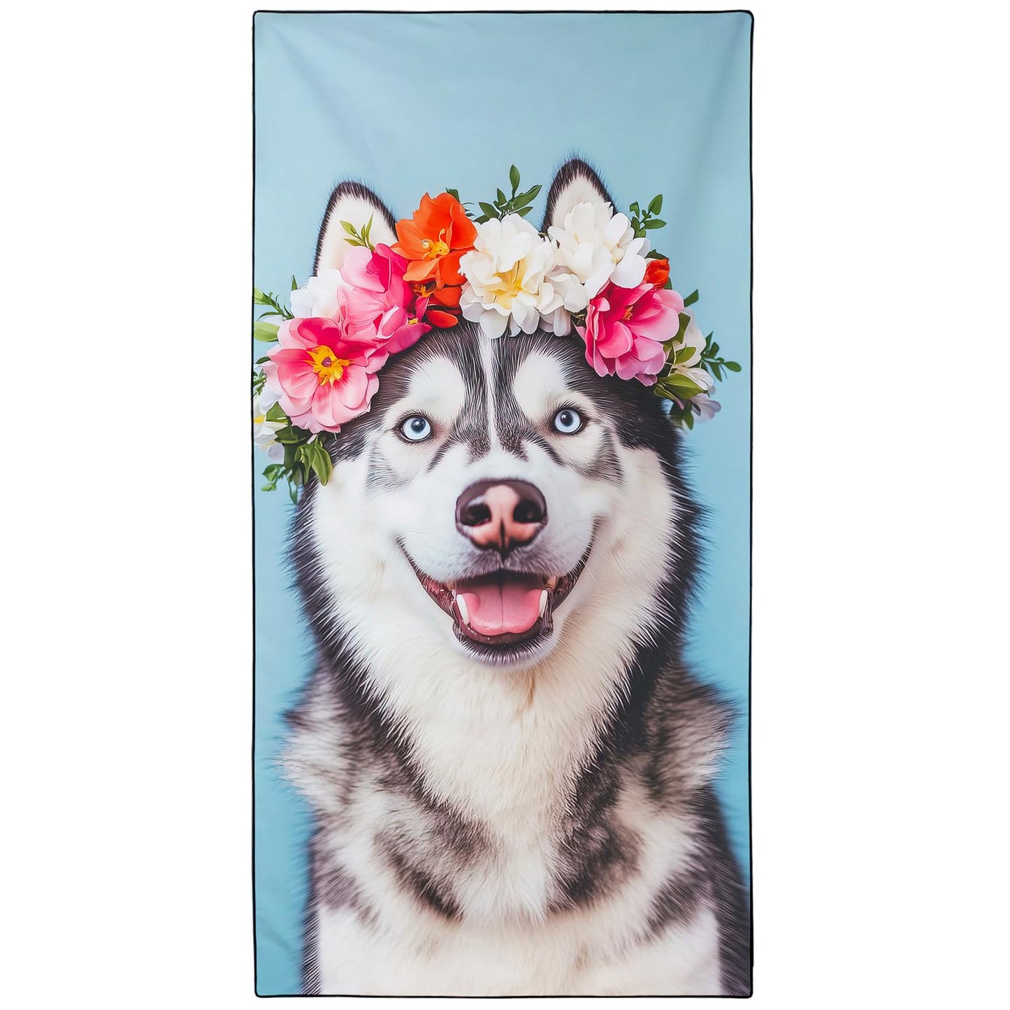 Violetpos Floral Wreath Husky Beach Towel for Dog Lovers, Extra Large 180x90 cm 250GSM Microfibre, Sand Free Quick Dry