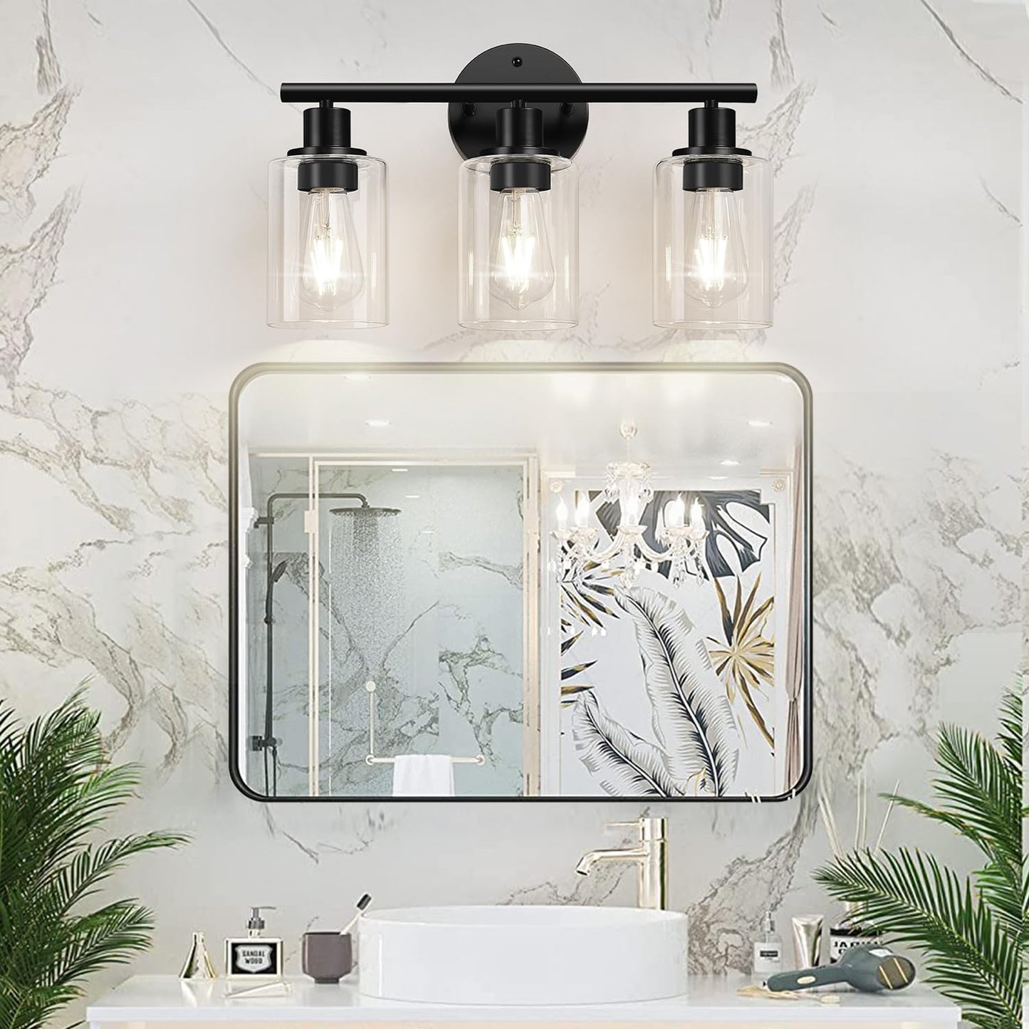 ZASTION 3-Light Bathroom Light Fixtures, Black Bathroom Wall Lights, Modern Bathroom Vanity Light with Clear Glass Shade, Bathroom Wall Lamp for