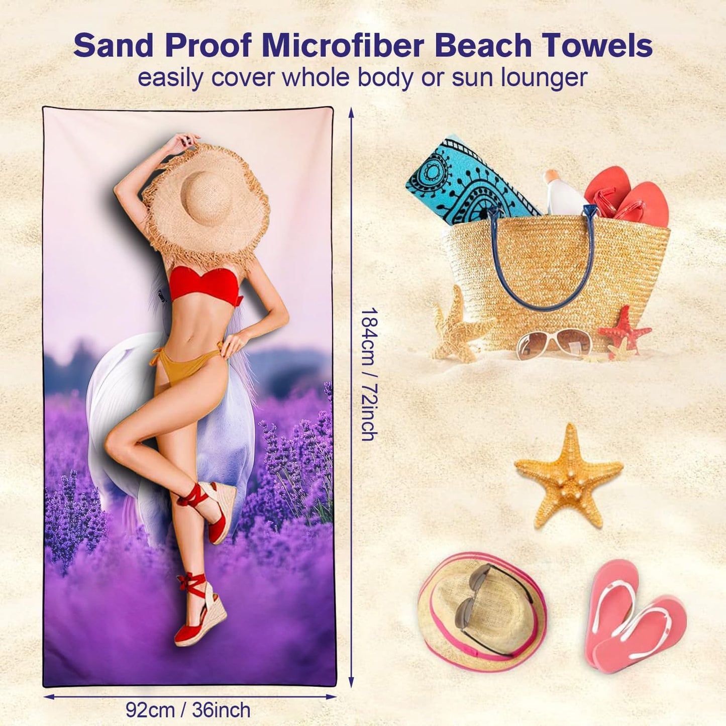 Violetpos Lavender Field White Horse Beach Towel, Extra Large 180x90 cm 250GSM Microfibre, Sand Free Quick Dry