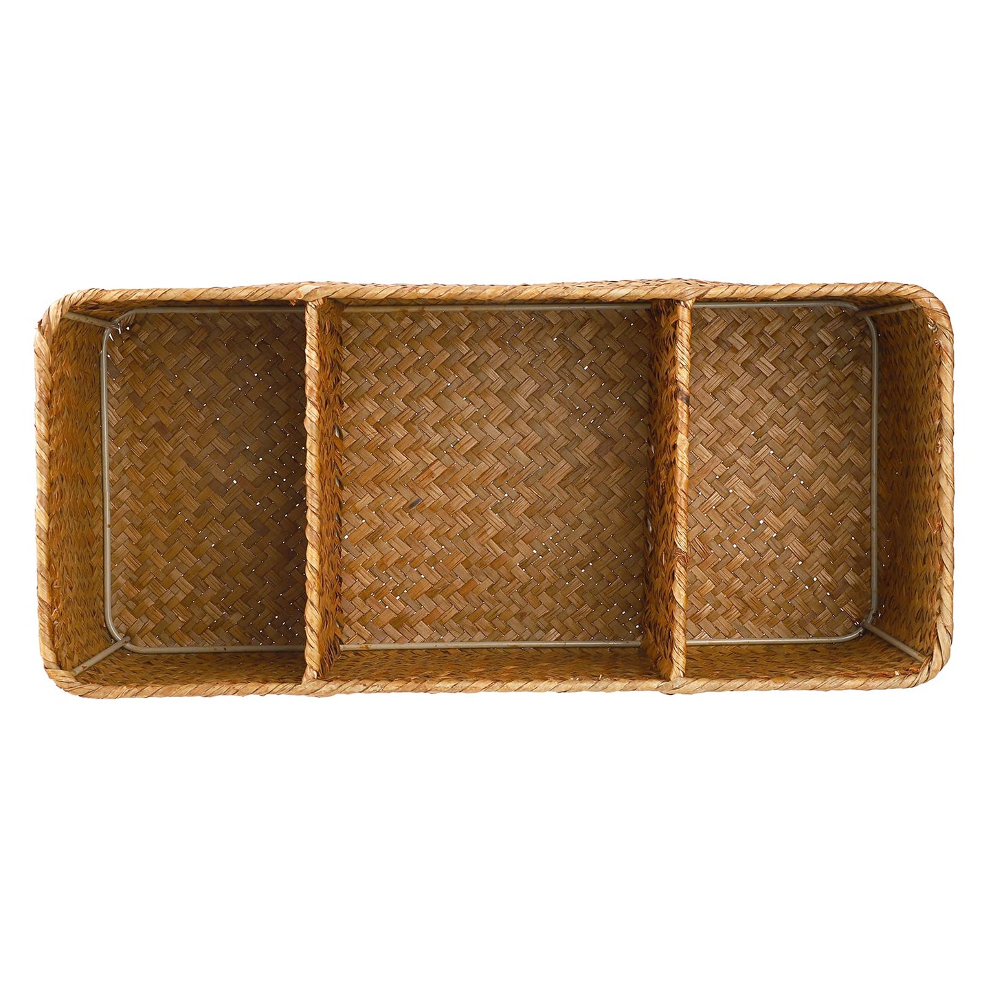 IGNPION 3-compartment Seagrass Storage Basket Woven Desktop Basket Rectangular Organiser Box Shelves & Desks Decorative Baskets for Sundries