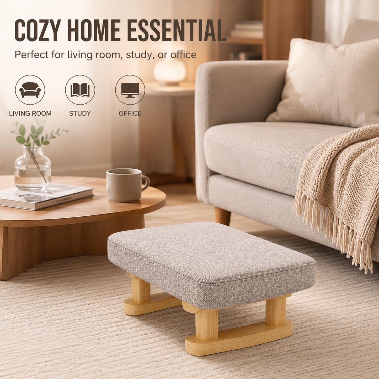 KASURE Ottoman Footstool with Wooden Legs, 41x30x18cm Pouffe Footrest with Removable Washable Cover, Solid Wood Legs Anti-Slip