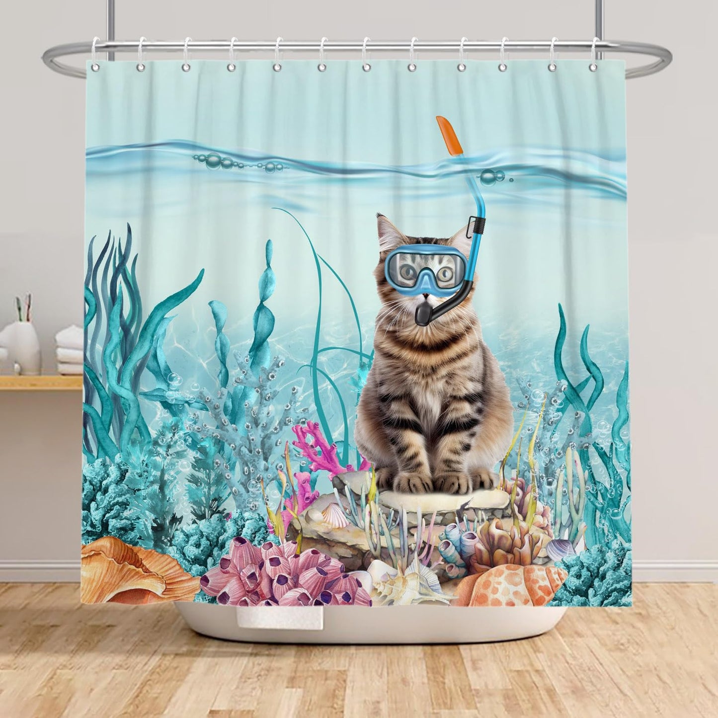 SDOTPMT 180x180cm Funny Cat Shower Curtain Cute Kitten Diving in Teal Blue Ocean Sea Coral Marine Alga Bathroom Curtain Waterproof Fabric Polyester