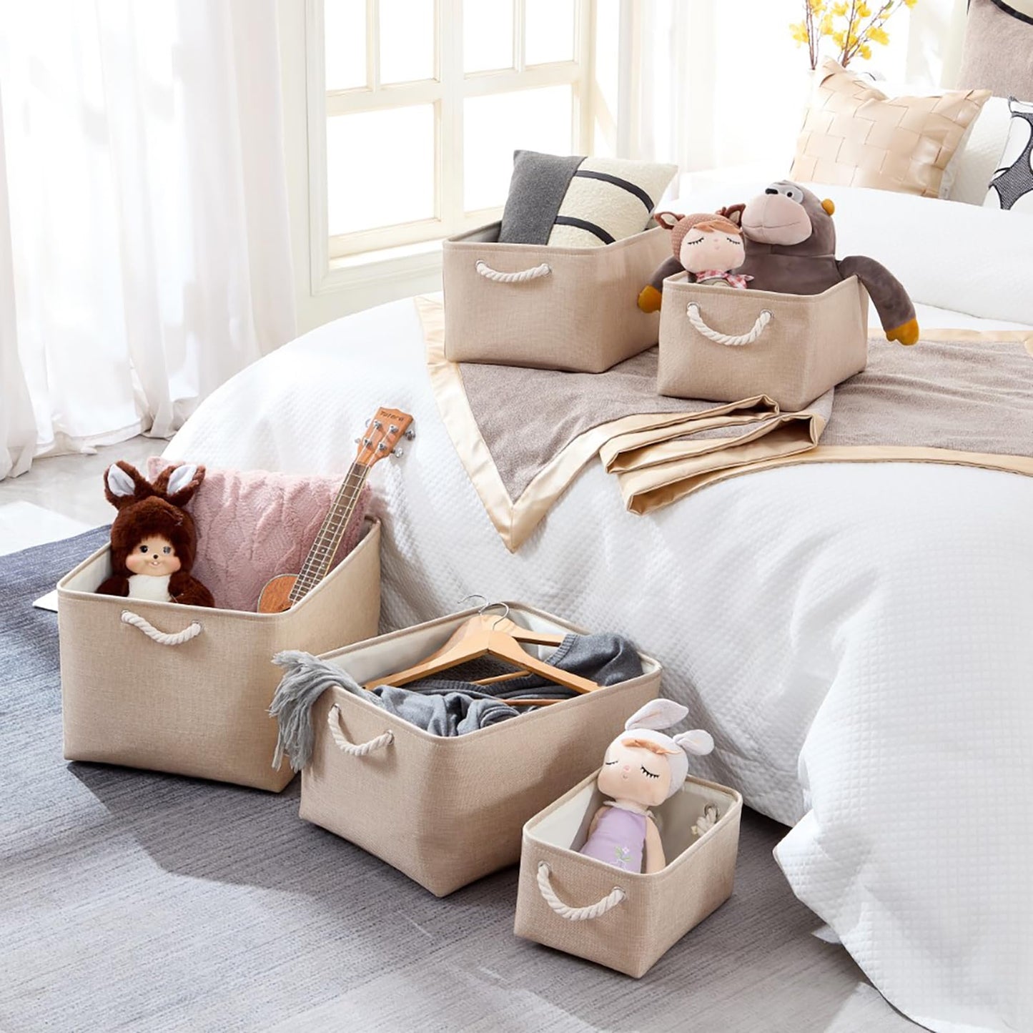 Mangata Fabric Storage Boxes, Storage Baskets for Shelves (Light Khaki, S)