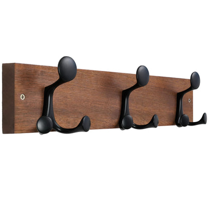 HONSKY Wall Mounted Coat Rack, 43cm Sapele Wood Base, Sturdy Aluminium Alloy 3 Triple Hooks 9 Hanging Points, Wall Coat Hanger for Entrance Hall