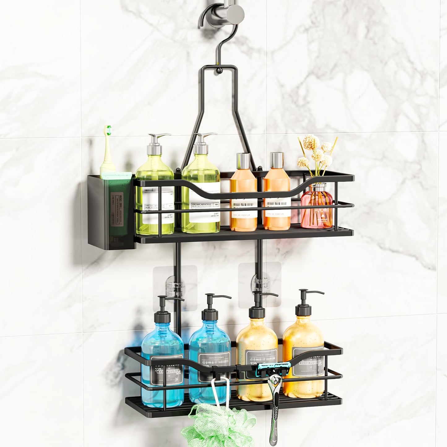 SWTYMIKI Shower Caddy Hanging Organiser-2-Tier No Drill Shower Organiser with 360° Rotating Hook
