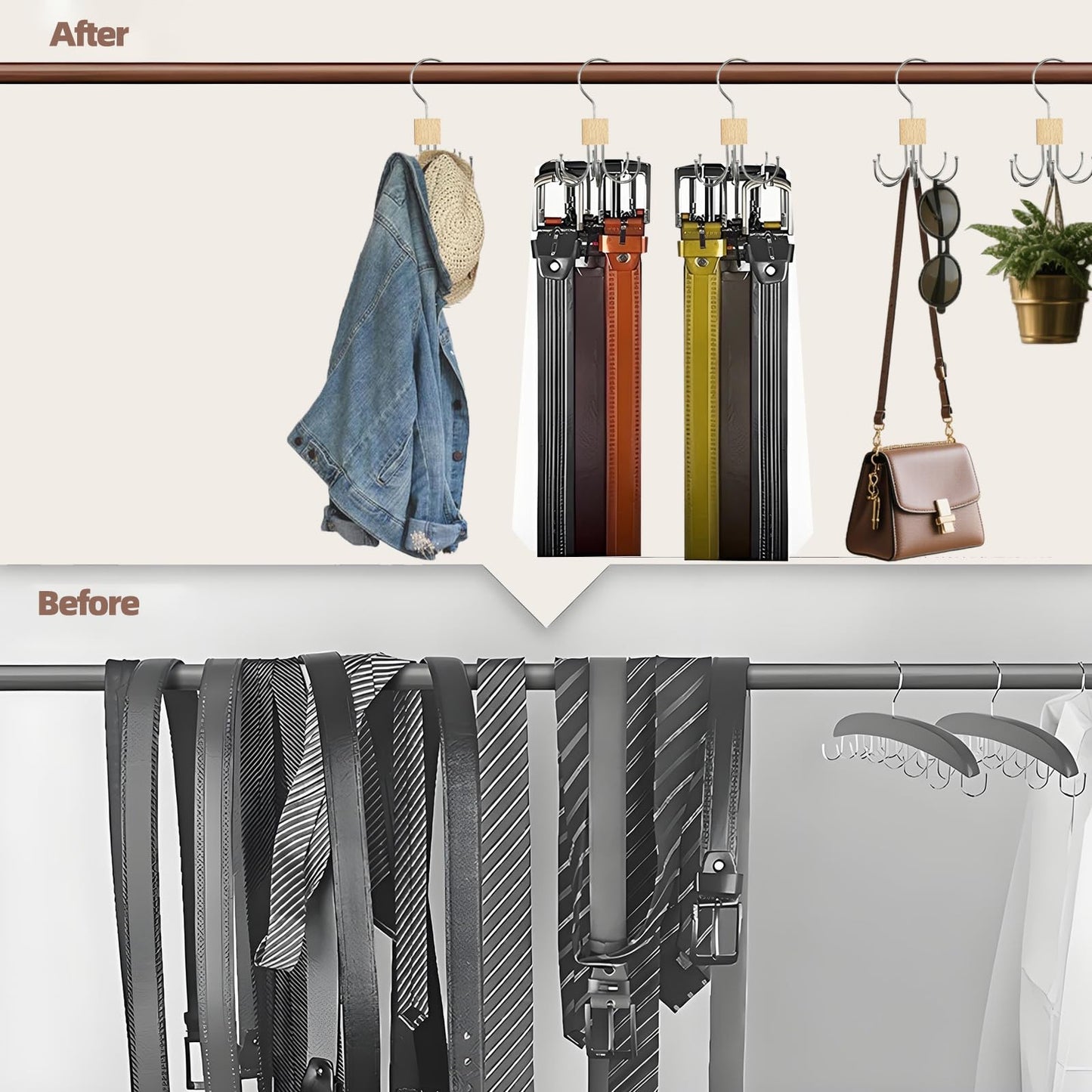 360° Swivel Belt Hanger for Wardrobe, Tie Rack Hanger for Men with 6 Hooks, Belt Storage Organiser, Tie hanger storage for Gloves, Scarves, Handbags