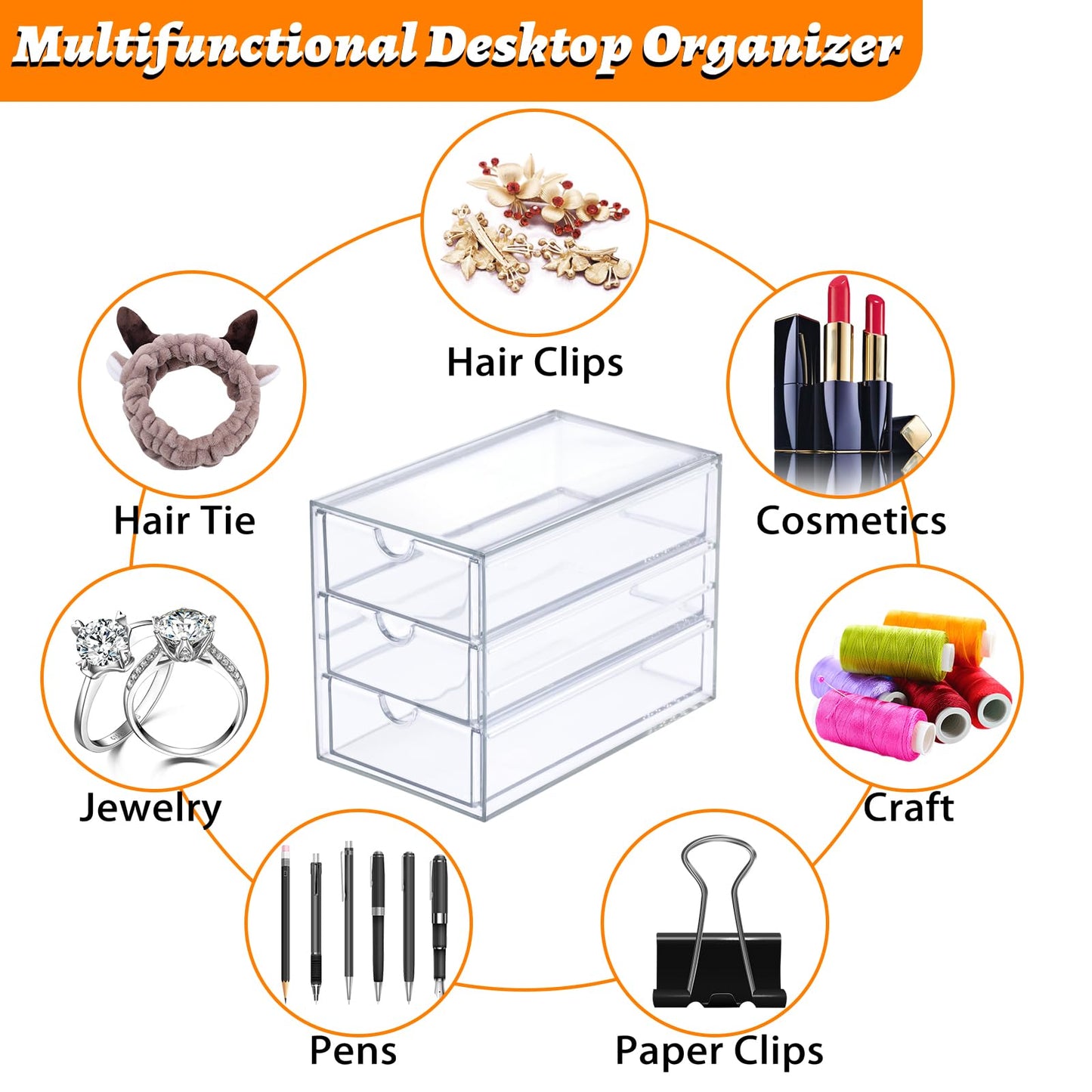 SUMTree Clear Hair Accessory Organizer Box with 3 Drawers, 12.8*17.5*10.6cm
