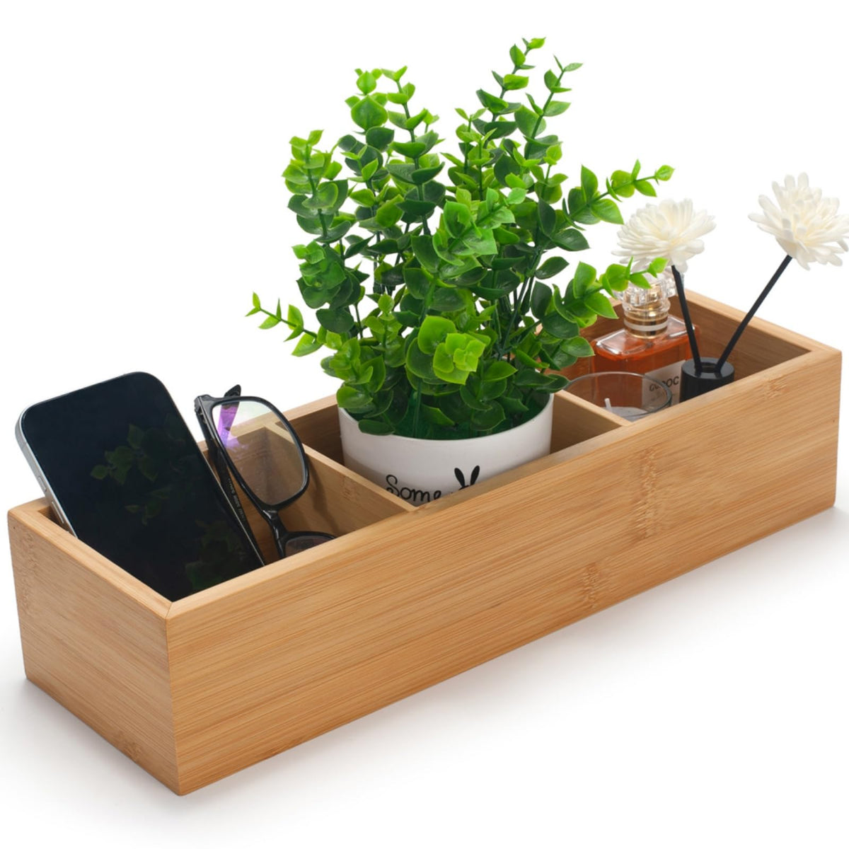 XIMISISE Bamboo Bathroom Basket, Wood Toilet Tank Basket, Wooden Storage Box With 3 Compartments for Bathroom Organizer 37 x 12 x 8 cm