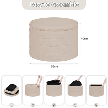 PINPLUS Round Ottoman Storage, Convertible Table, Beige, 56x56x40 cm