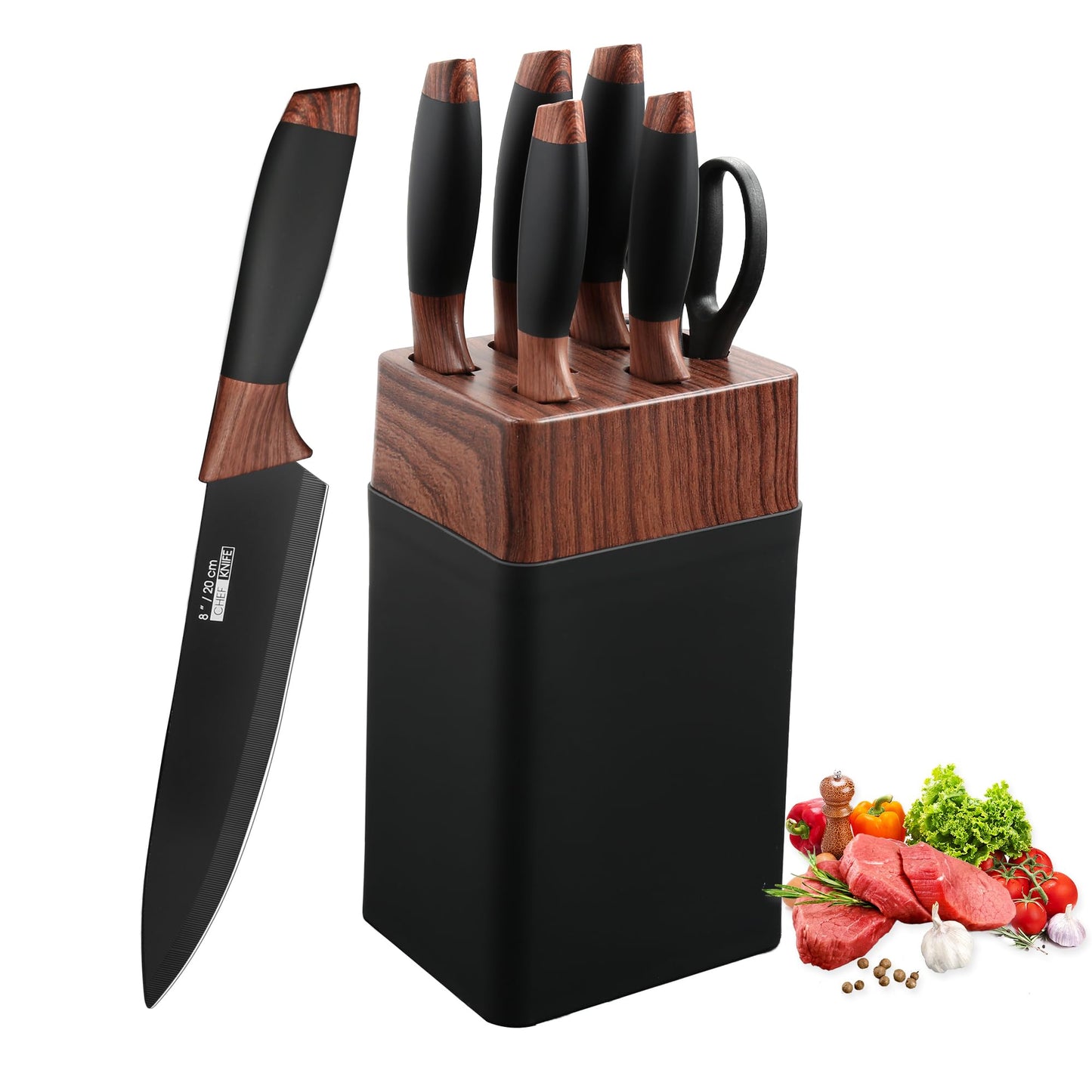 Kitchen Knife Set with Black Nonstick Coating, 7 Pieces Knife Set with Block, Ergonomic Sharp Knives for Kitchen and Dishwasher Safe