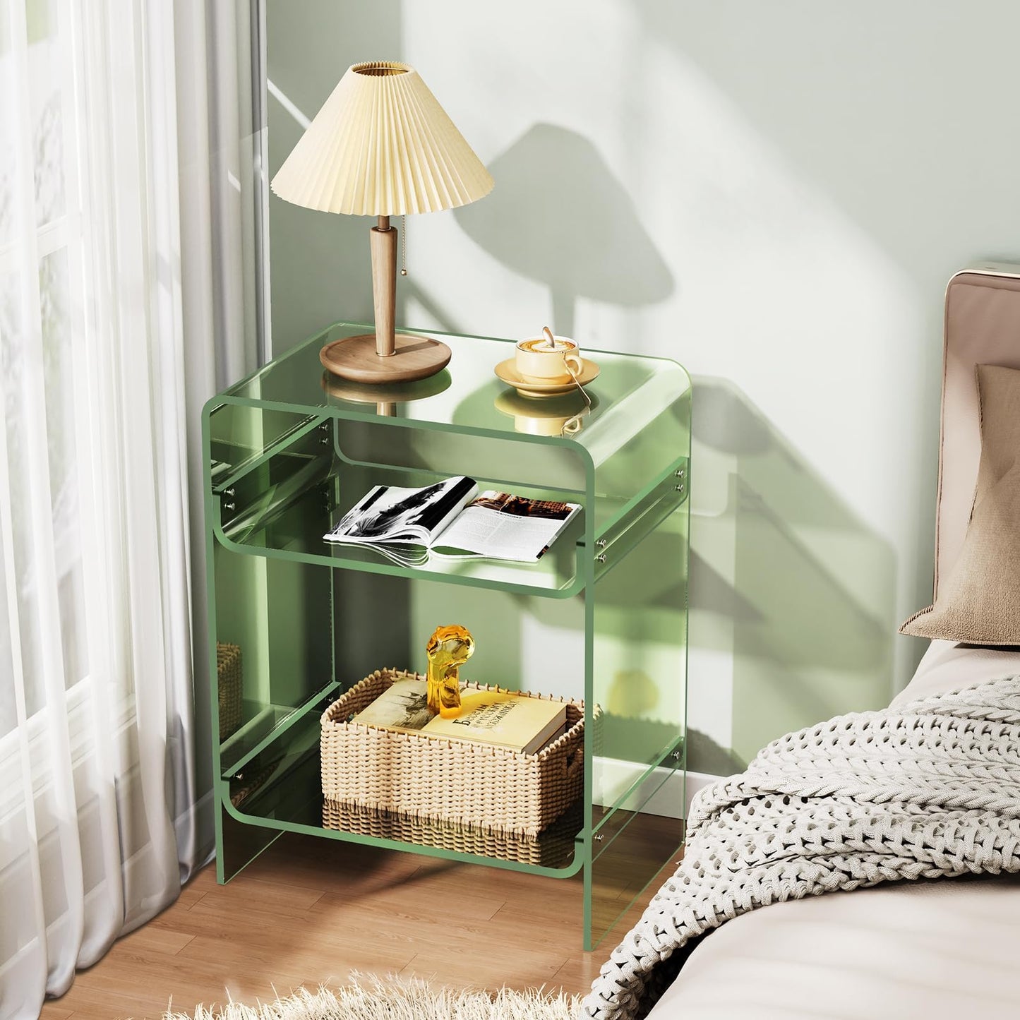 Acrylic End Table with Storage Shelf, Clear Side Table, Record Player Table, Nightstand, 15.7x19.7x11.8 (Green, 40×30×50 cm)
