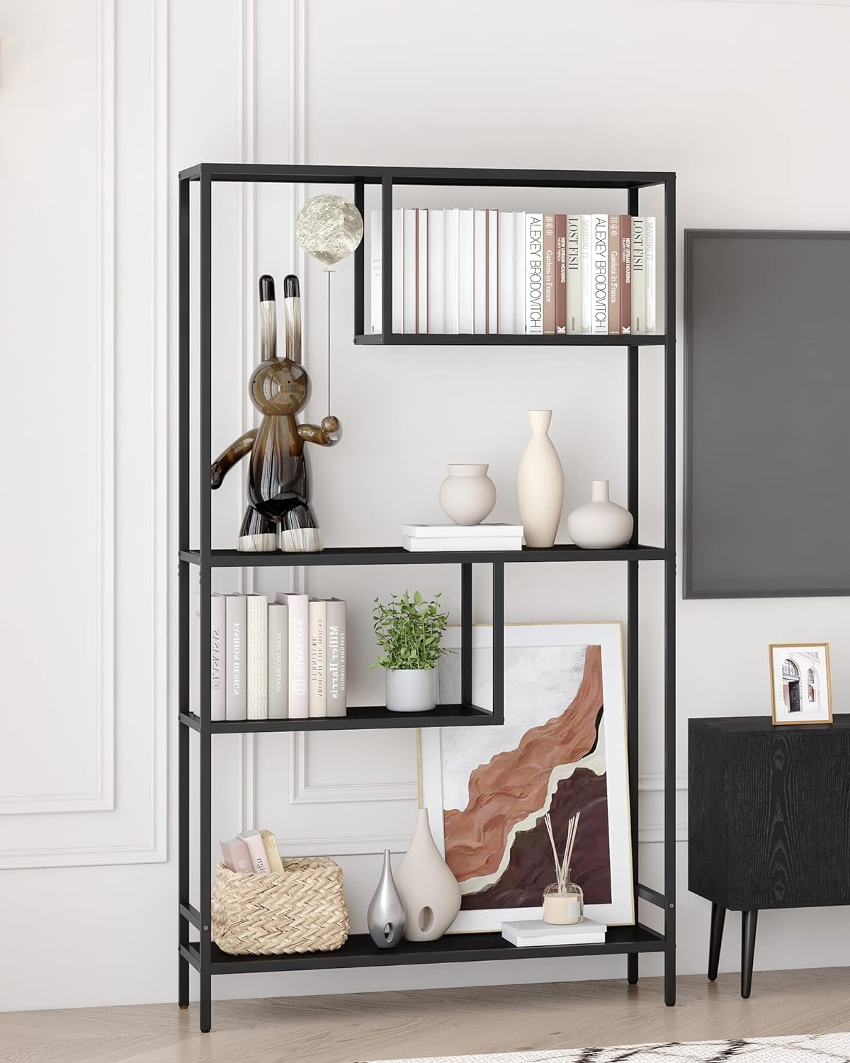 Yusong Black Bookshelf, Industrial Bookcase Open Storage Shelves with Metal Frame, Freestanding Display Rack Tall Shelving Unit for Living Room