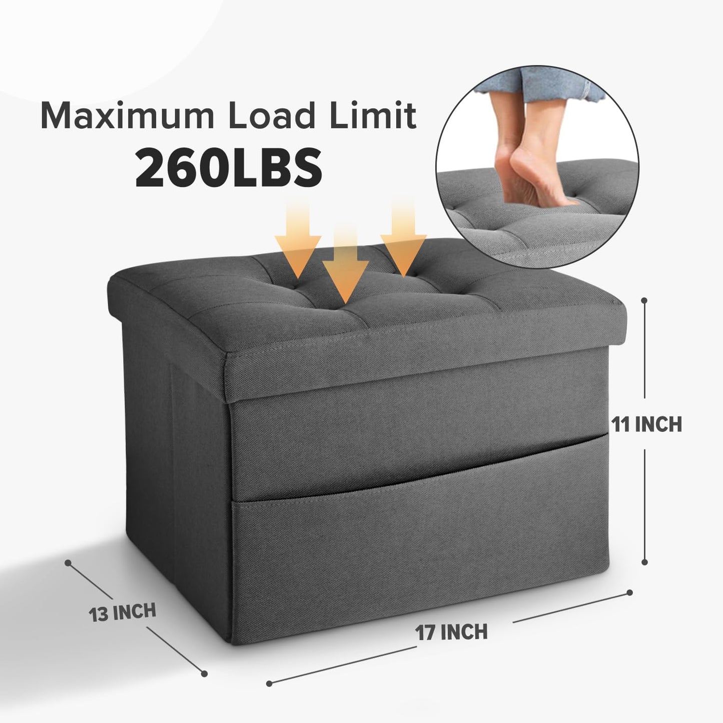 LINMAGCO Storage Ottoman Folding Foot Stool Foot Rest with Side Pocket Modern Ottoman with Storage Short Sofa Stool Linen Cloth 17x13x13(Dark Gray)
